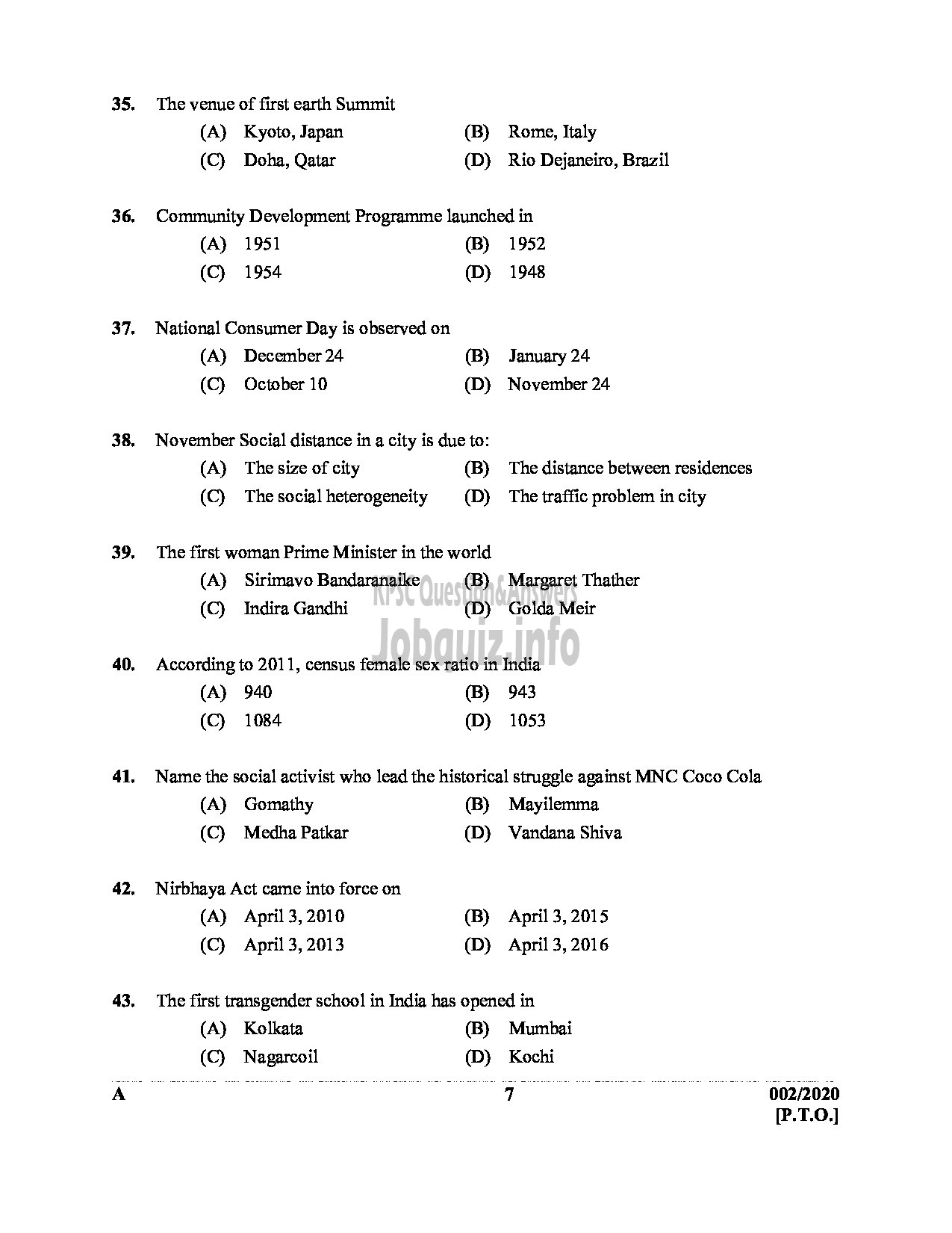 Kerala PSC Question Paper - ICDS SUPERVISOR WOMEN AND CHILD DEVELOPMENT English -7