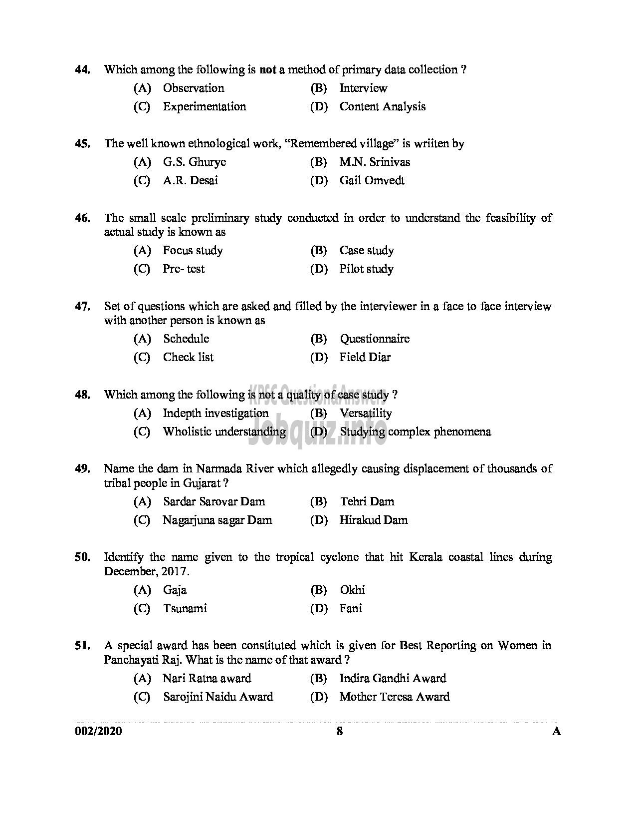 Kerala PSC Question Paper - ICDS SUPERVISOR WOMEN AND CHILD DEVELOPMENT English -8