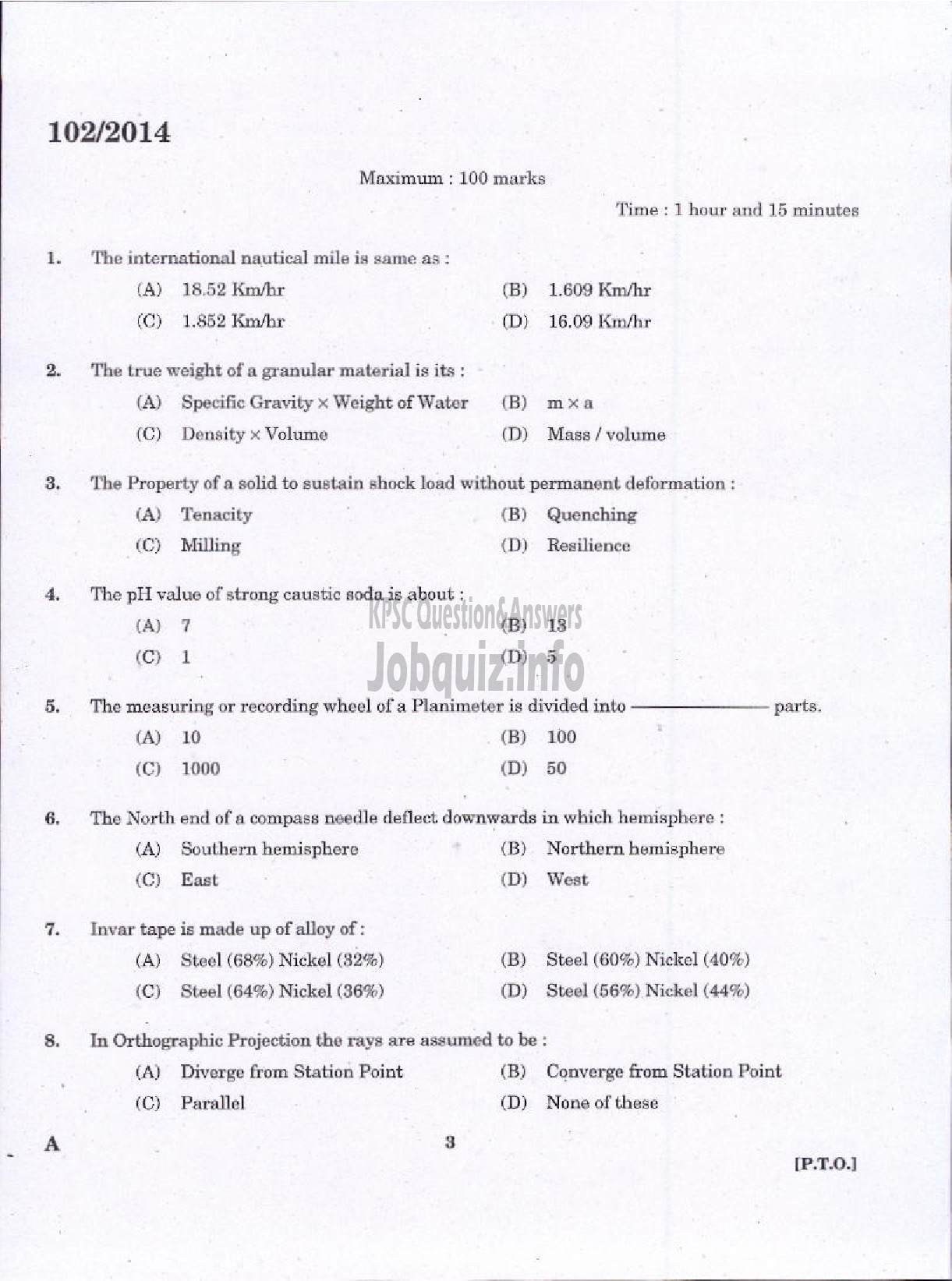 Kerala PSC Question Paper - III GRADE OVERSEER CIVIL SR FOR SC ST IRRIGATION AND II GRADE OVERSEER TRACER PUBLIC WORKS IRRIGATION-1