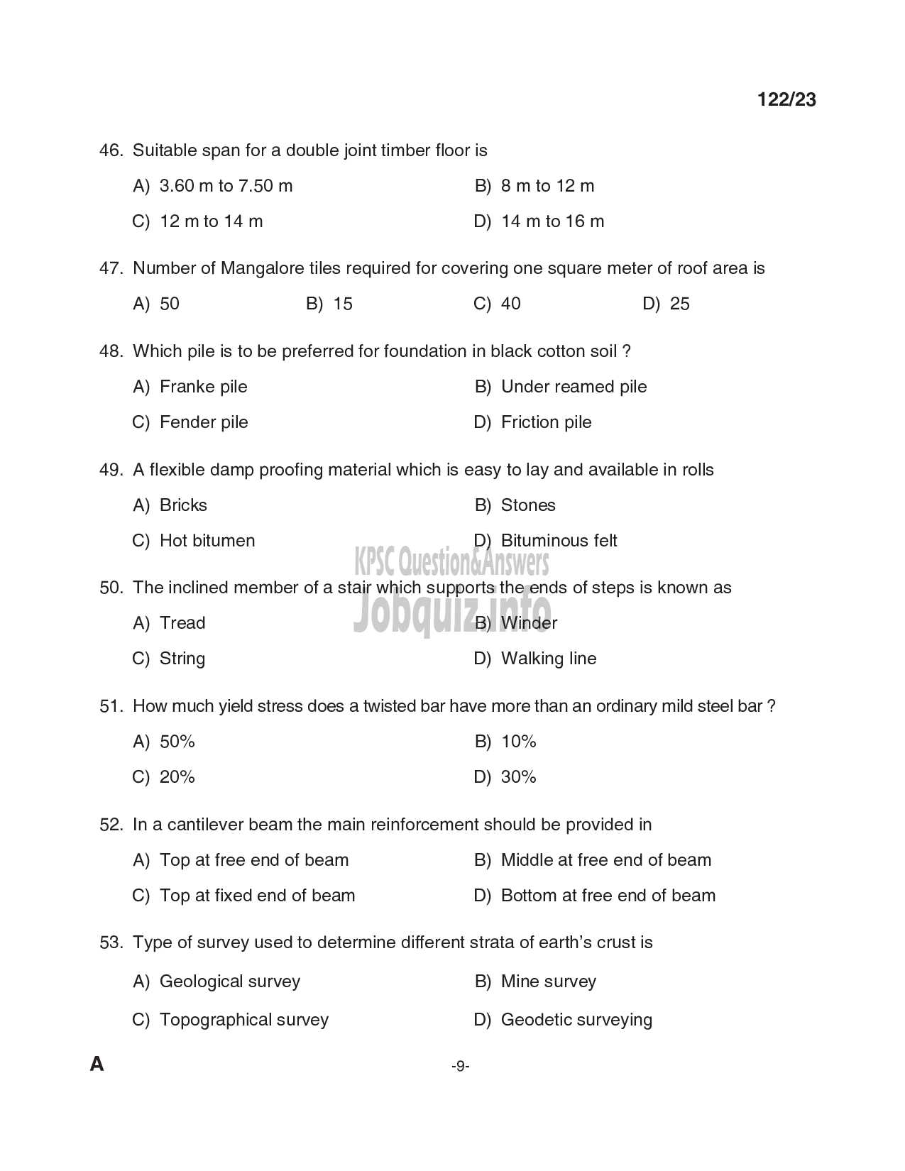 Kerala PSC Question Paper - III Grade Overseer / Tracer (Civil) inPublic Works / Irrigation-9