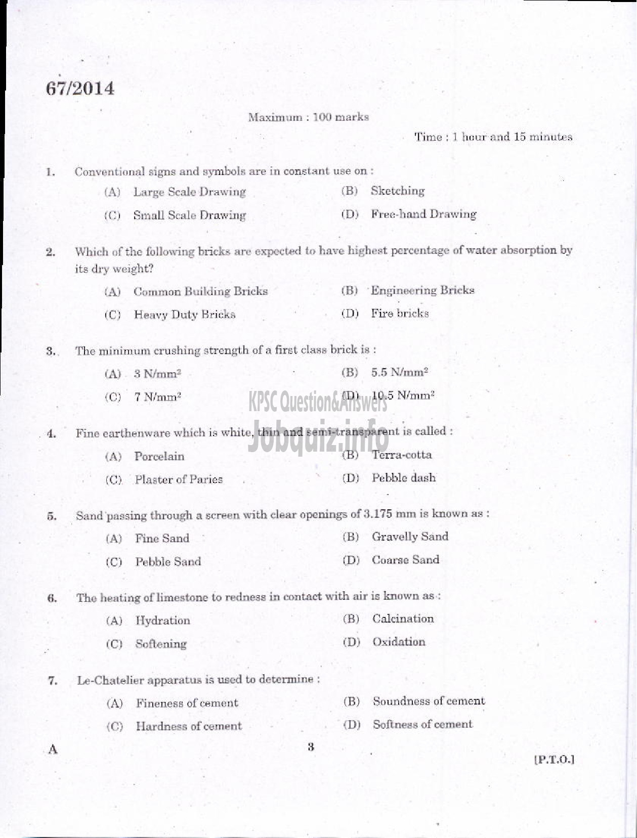 Kerala PSC Question Paper - II GRADE DRAFTSMAN OVERSEER CIVIL PUBLIC WORKS IRRIGATION-1