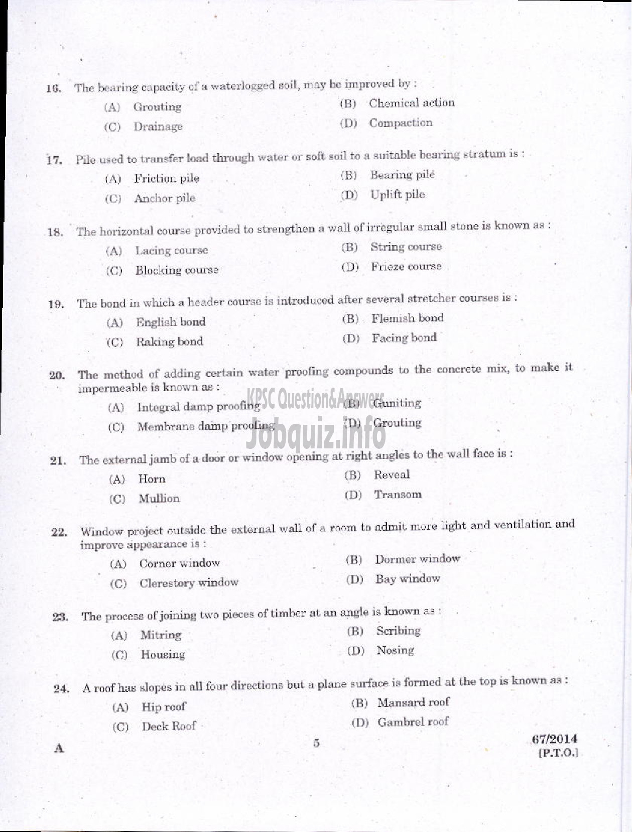 Kerala PSC Question Paper - II GRADE DRAFTSMAN OVERSEER CIVIL PUBLIC WORKS IRRIGATION-3