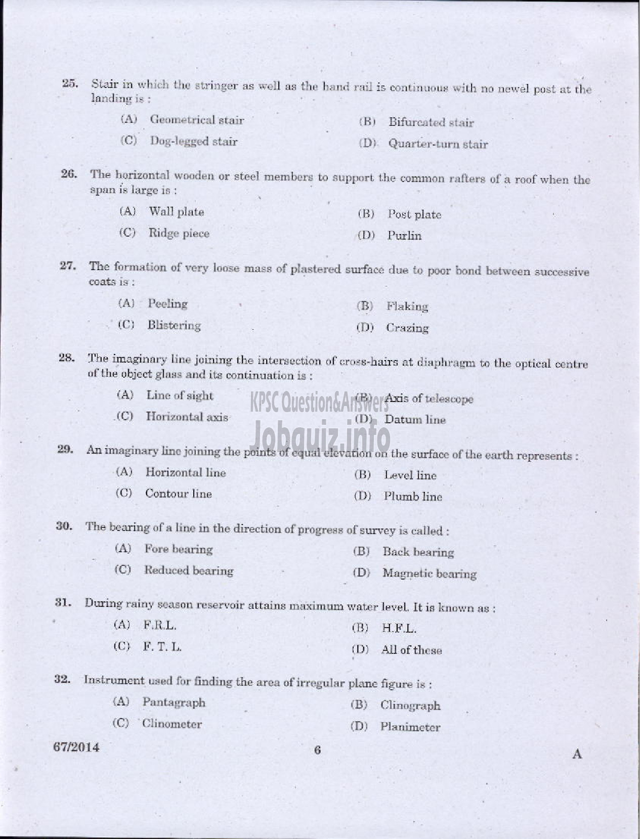 Kerala PSC Question Paper - II GRADE DRAFTSMAN OVERSEER CIVIL PUBLIC WORKS IRRIGATION-4