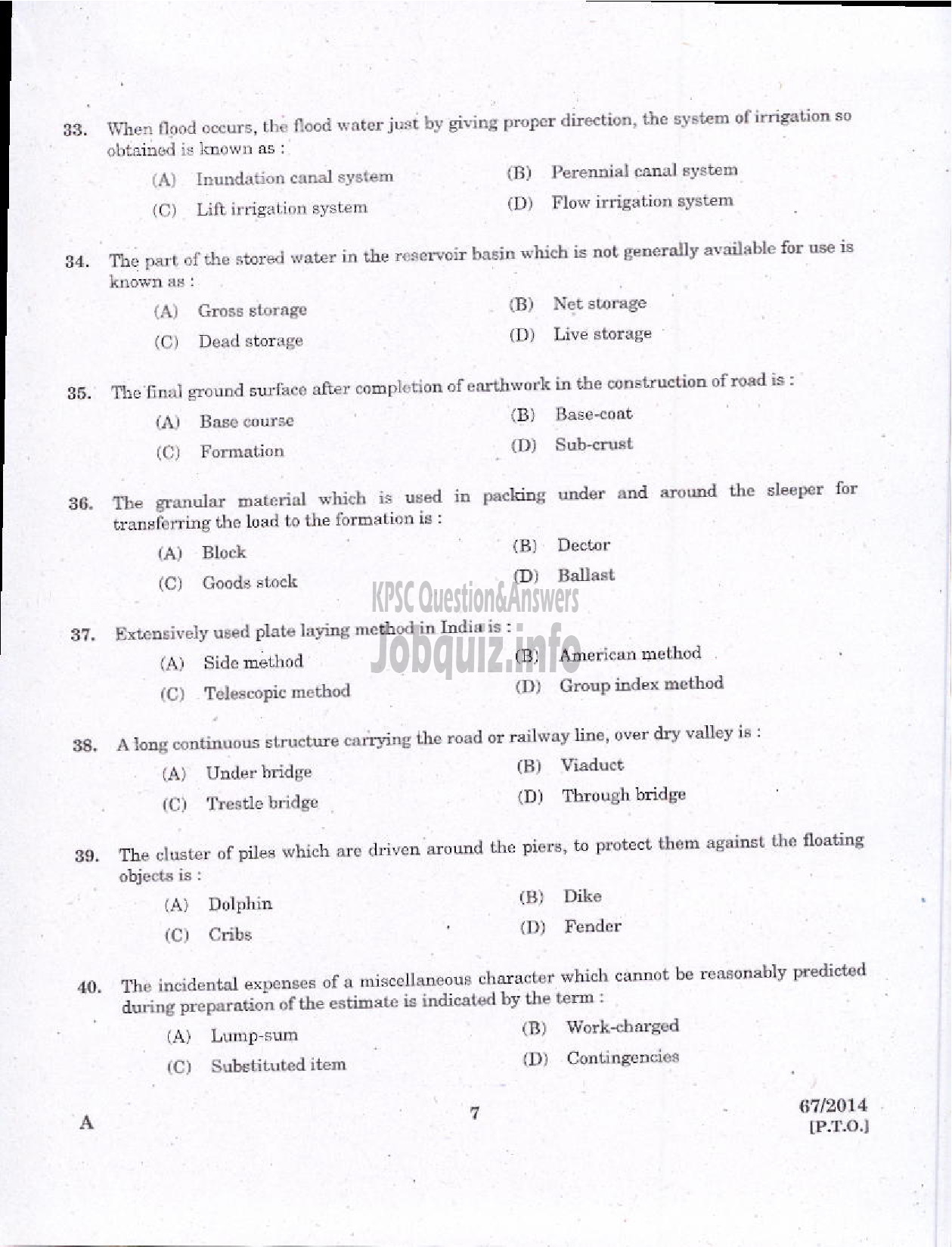 Kerala PSC Question Paper - II GRADE DRAFTSMAN OVERSEER CIVIL PUBLIC WORKS IRRIGATION-5
