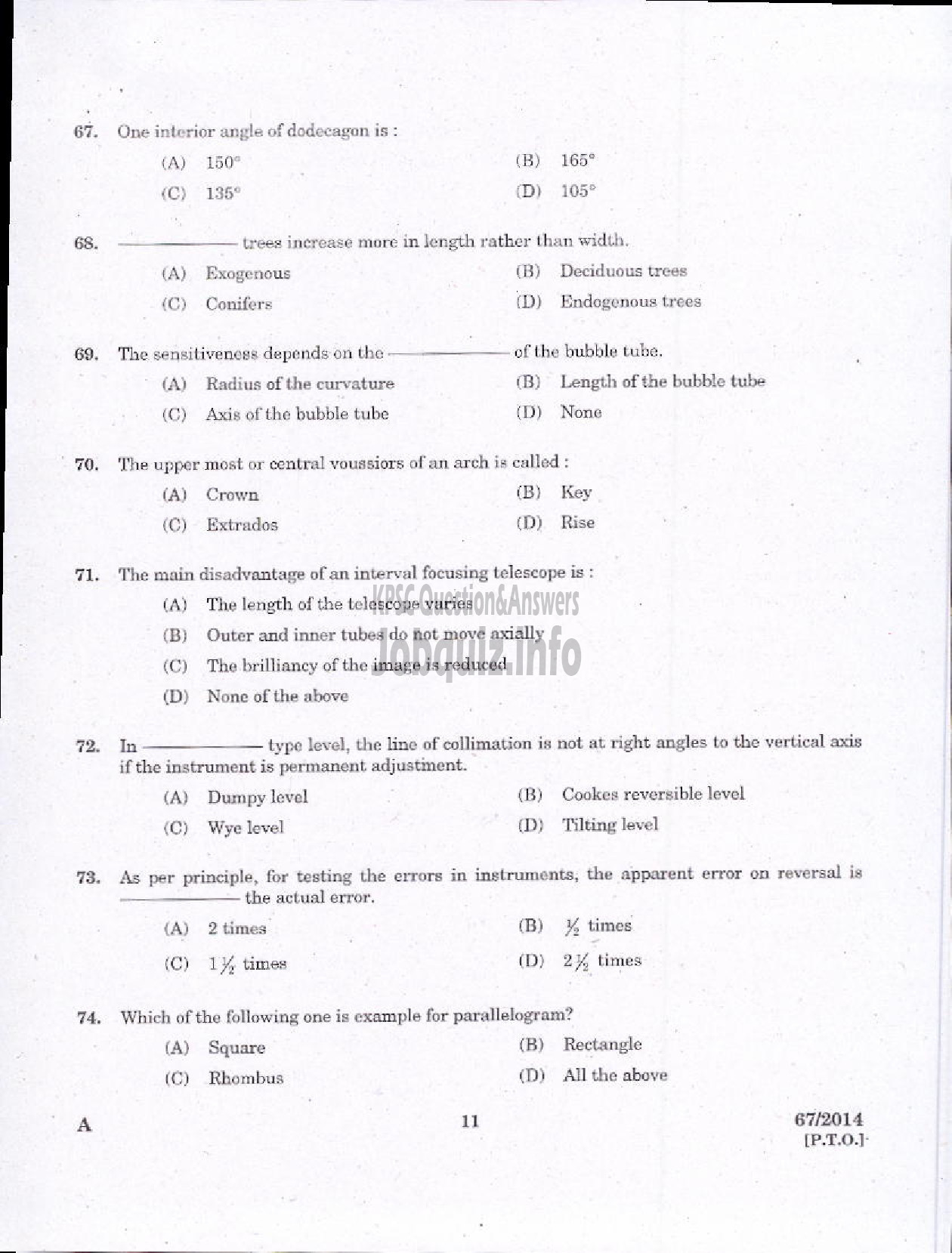 Kerala PSC Question Paper - II GRADE DRAFTSMAN OVERSEER CIVIL PUBLIC WORKS IRRIGATION-9
