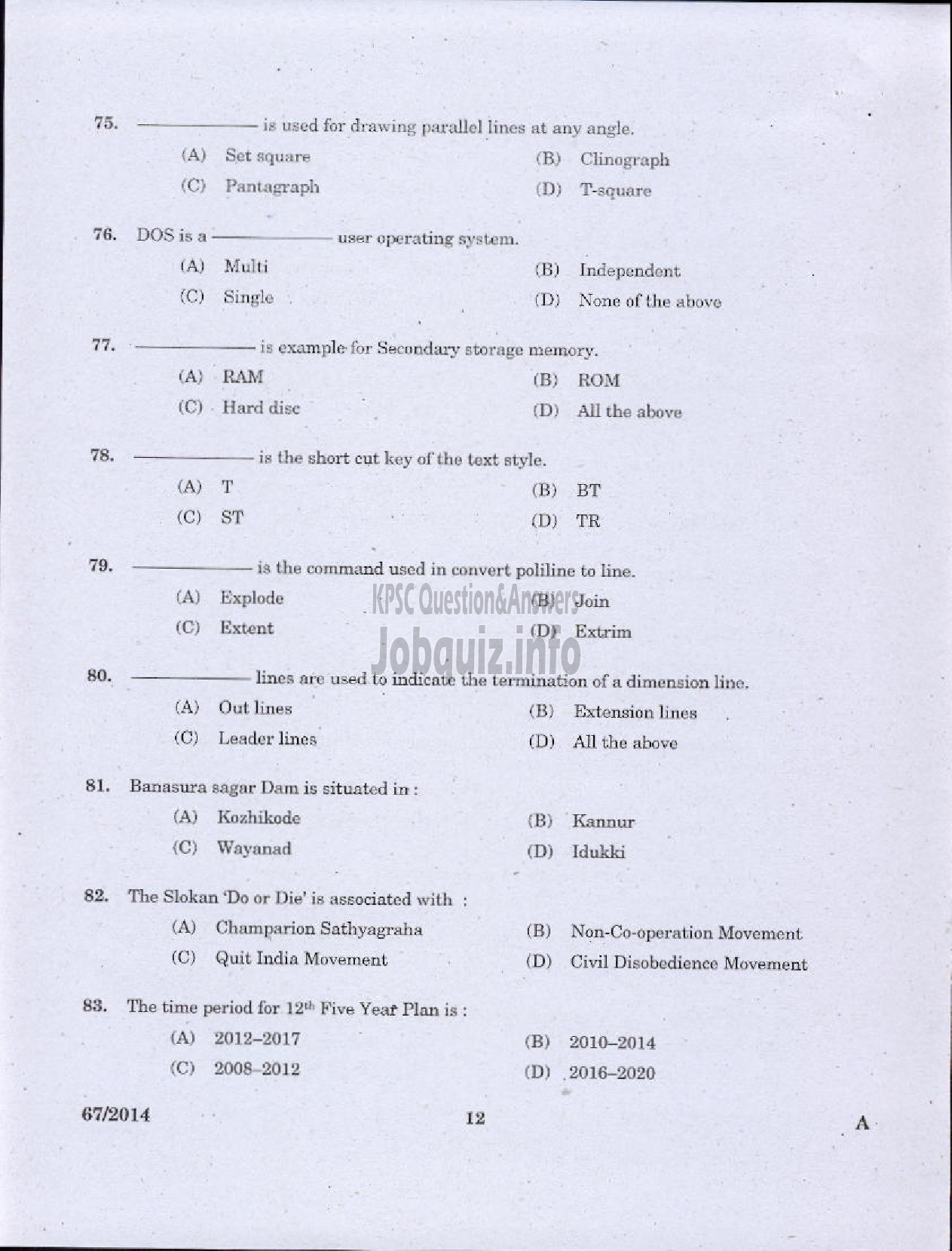 Kerala PSC Question Paper - II GRADE DRAFTSMAN OVERSEER CIVIL PUBLIC WORKS IRRIGATION-10