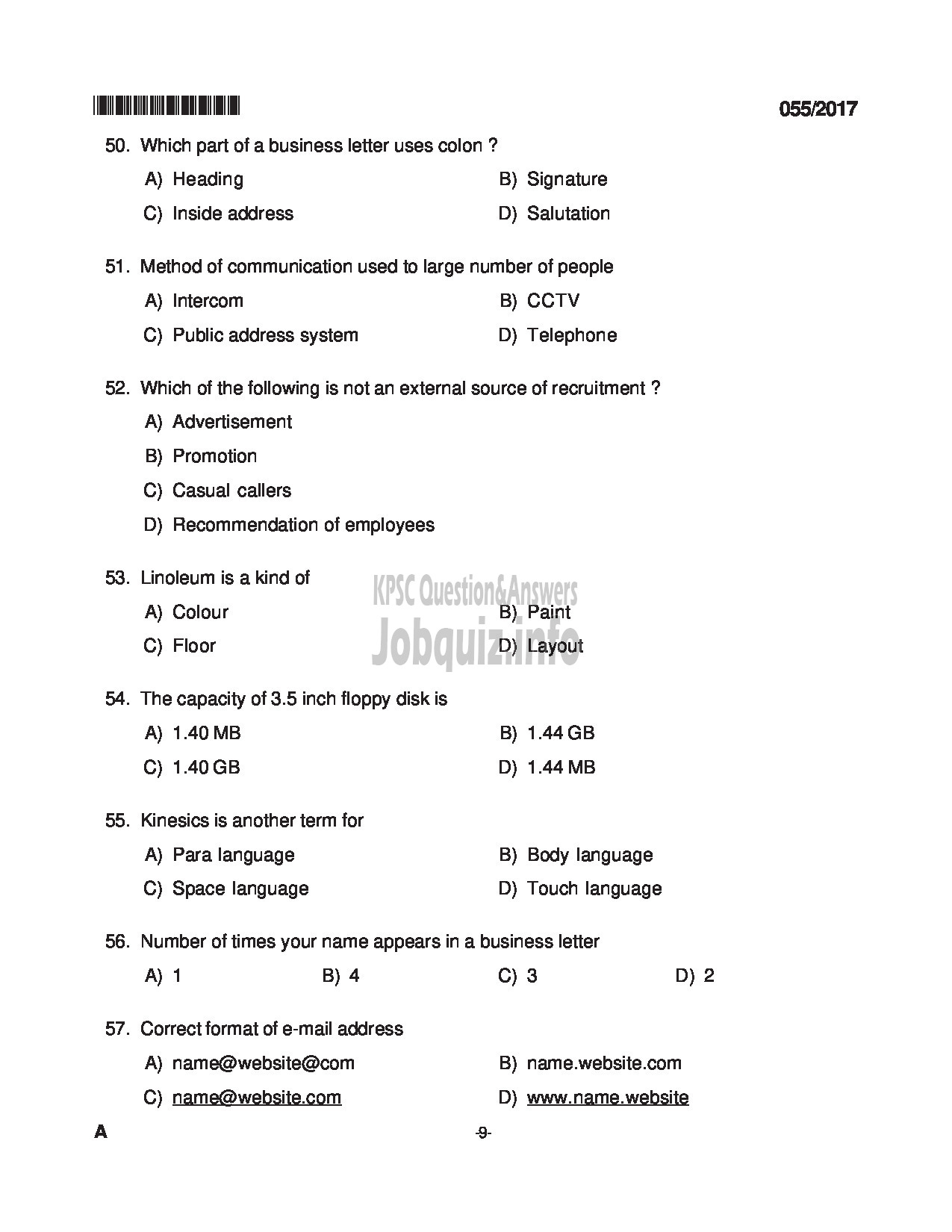 Kerala PSC Question Paper - INSTRUCTOR IN SECRETARIAL PRACTICE AND BM TECHNICAL EDUCATION QUESTION PAPER-9