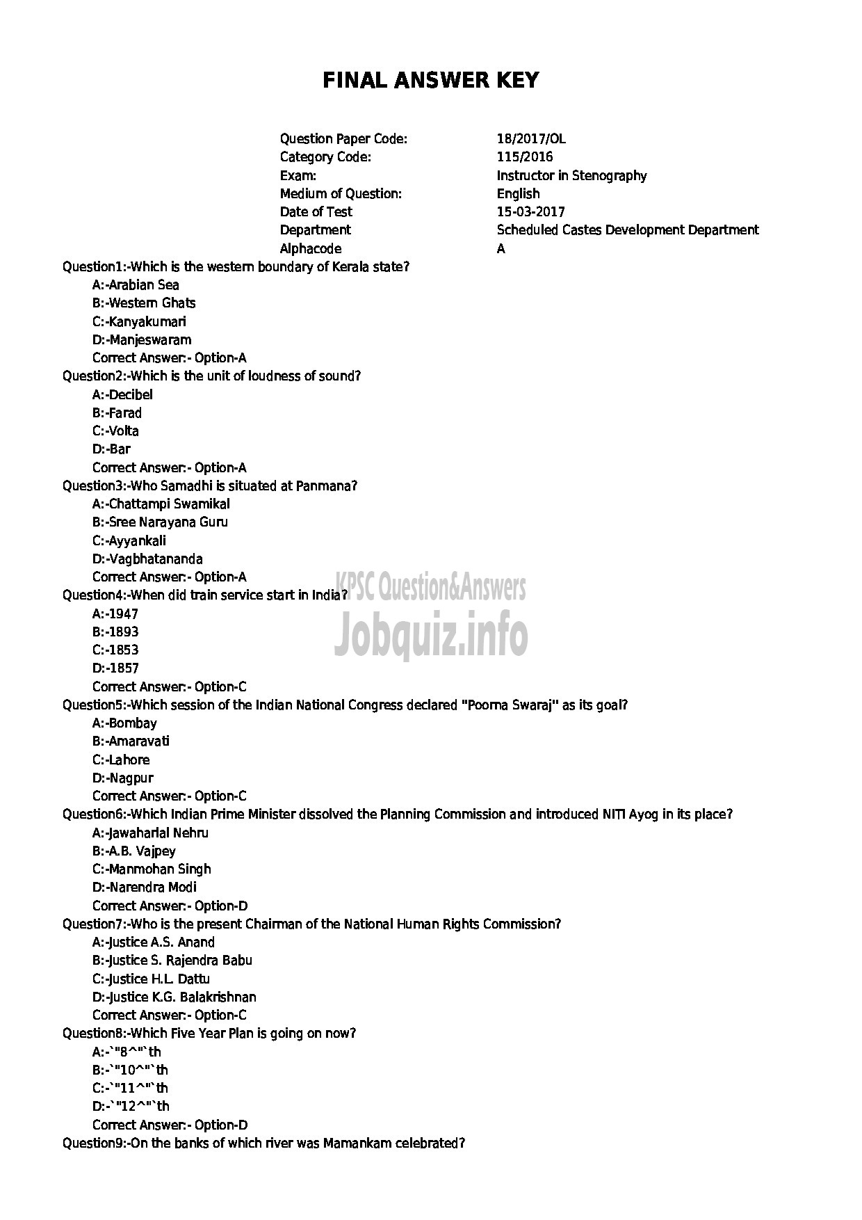 Kerala PSC Question Paper - INSTRUCTOR IN STENOGRAPHY SC DEVELOPMENT-1