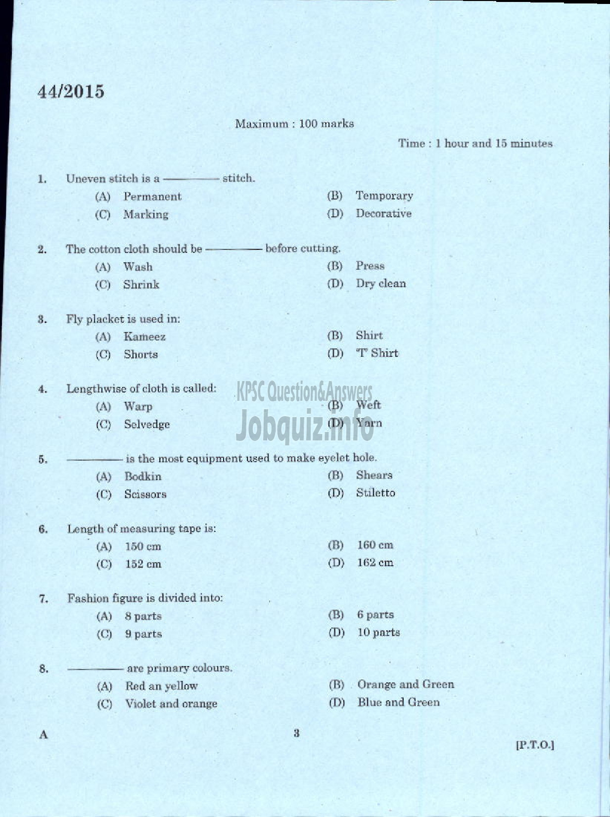 Kerala PSC Question Paper - INSTRUCTOR IN TAILORING AND GARMENT MAKING TRAINING CENTRE TECHNICAL EDUCATION-1