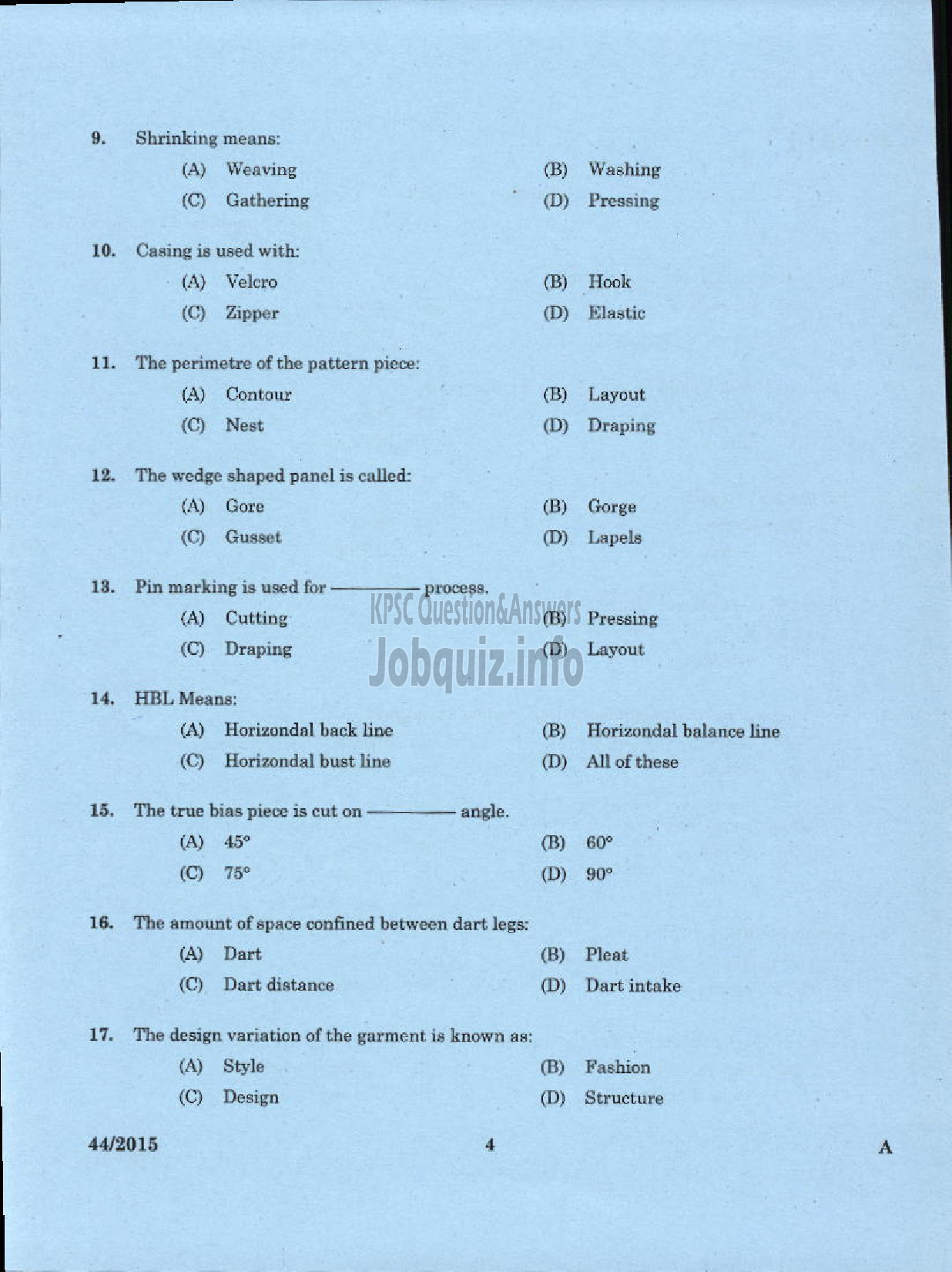 Kerala PSC Question Paper - INSTRUCTOR IN TAILORING AND GARMENT MAKING TRAINING CENTRE TECHNICAL EDUCATION-2