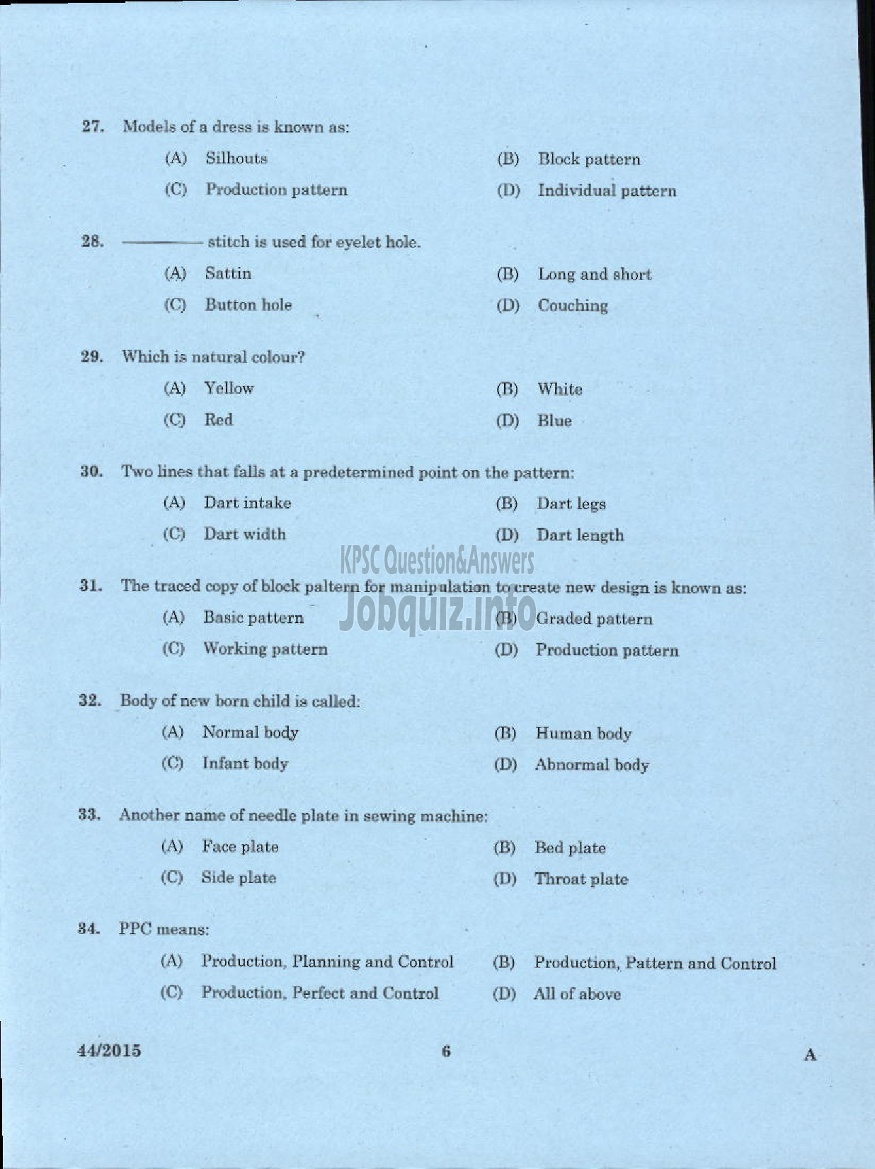 Kerala PSC Question Paper - INSTRUCTOR IN TAILORING AND GARMENT MAKING TRAINING CENTRE TECHNICAL EDUCATION-4