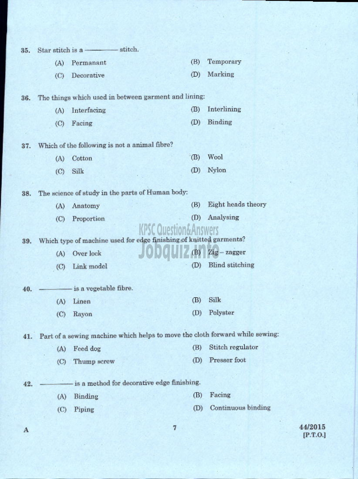 Kerala PSC Question Paper - INSTRUCTOR IN TAILORING AND GARMENT MAKING TRAINING CENTRE TECHNICAL EDUCATION-5