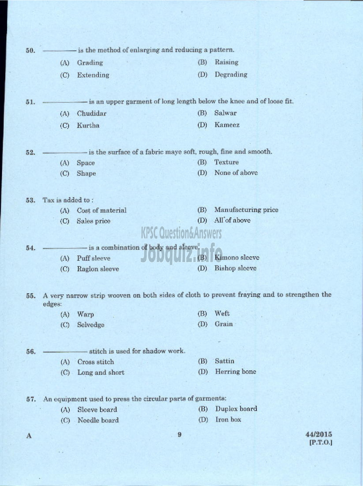 Kerala PSC Question Paper - INSTRUCTOR IN TAILORING AND GARMENT MAKING TRAINING CENTRE TECHNICAL EDUCATION-7