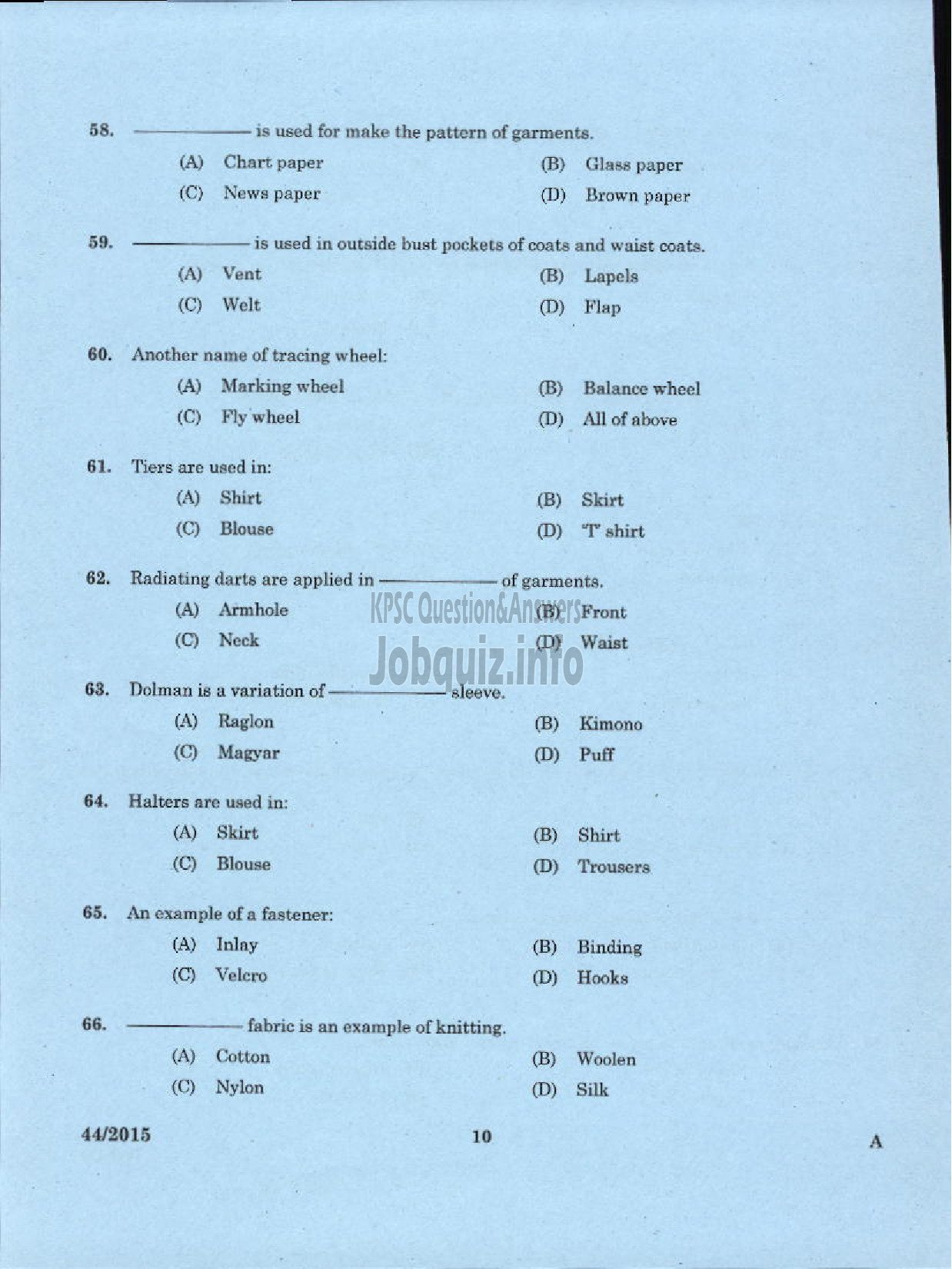 Kerala PSC Question Paper - INSTRUCTOR IN TAILORING AND GARMENT MAKING TRAINING CENTRE TECHNICAL EDUCATION-8