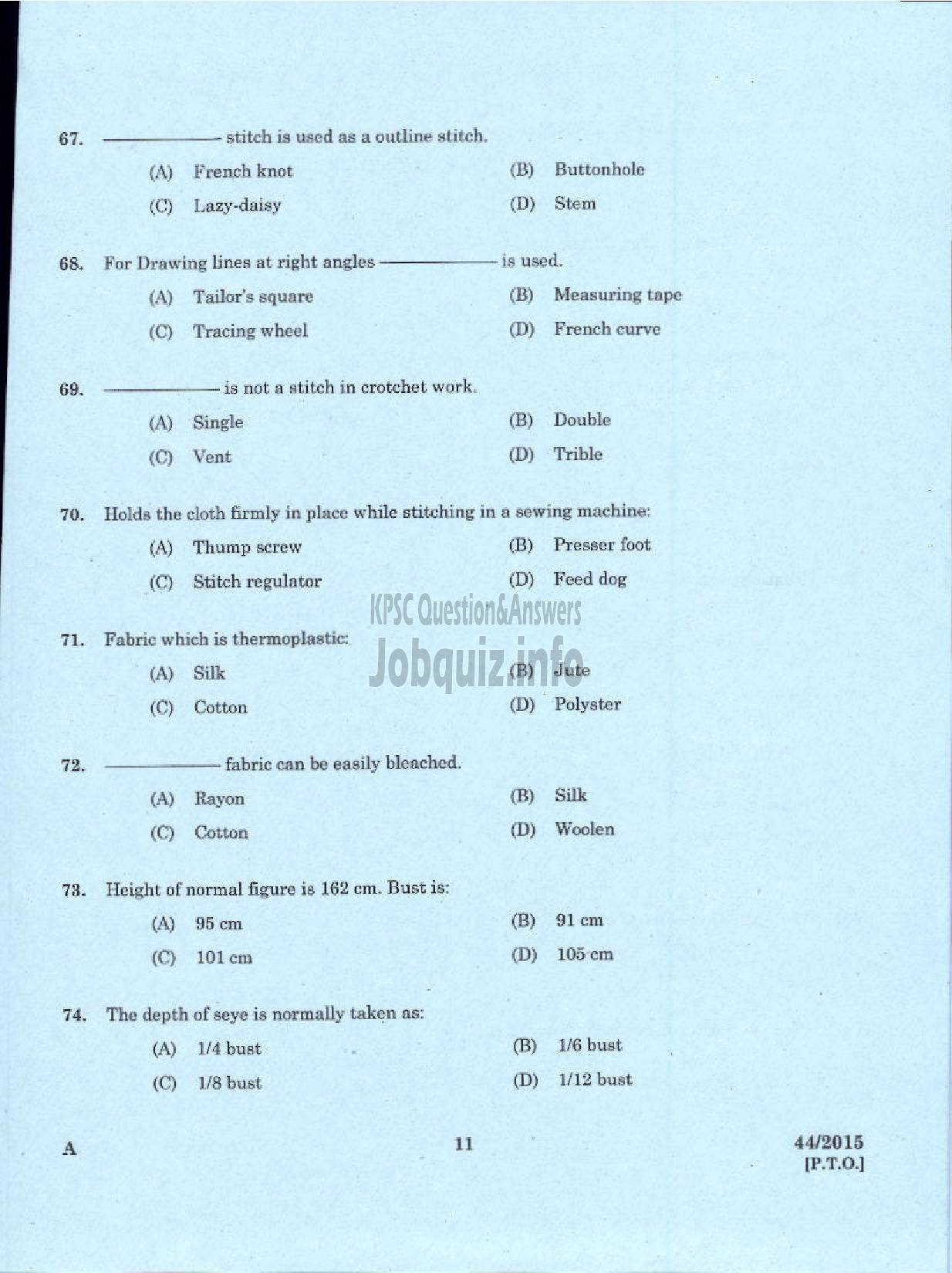 Kerala PSC Question Paper - INSTRUCTOR IN TAILORING AND GARMENT MAKING TRAINING CENTRE TECHNICAL EDUCATION-9