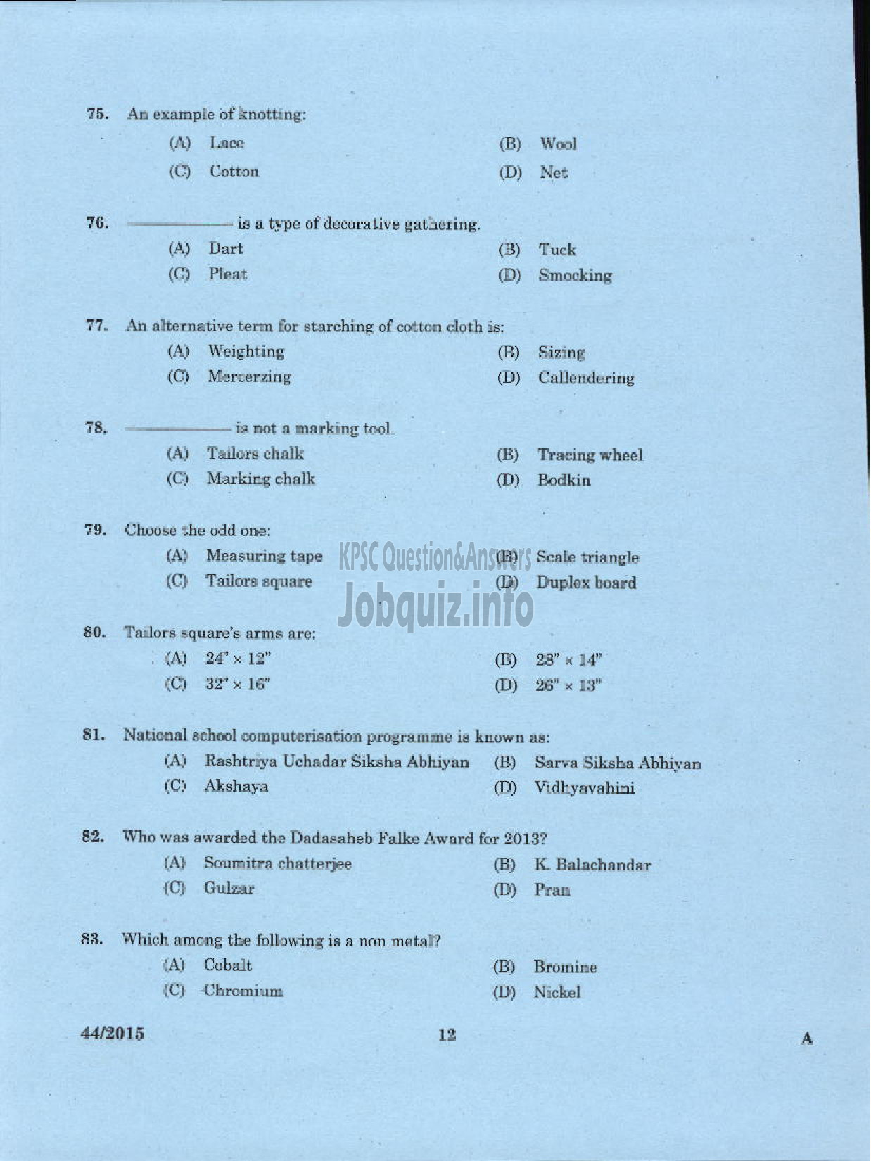 Kerala PSC Question Paper - INSTRUCTOR IN TAILORING AND GARMENT MAKING TRAINING CENTRE TECHNICAL EDUCATION-10