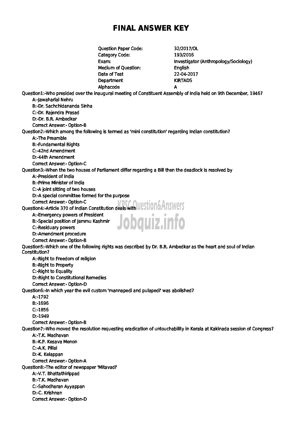 Kerala PSC Question Paper - INVERSTIGATOR ANTHROPOLOGY/SOCIOLOGY KIRTADS-1