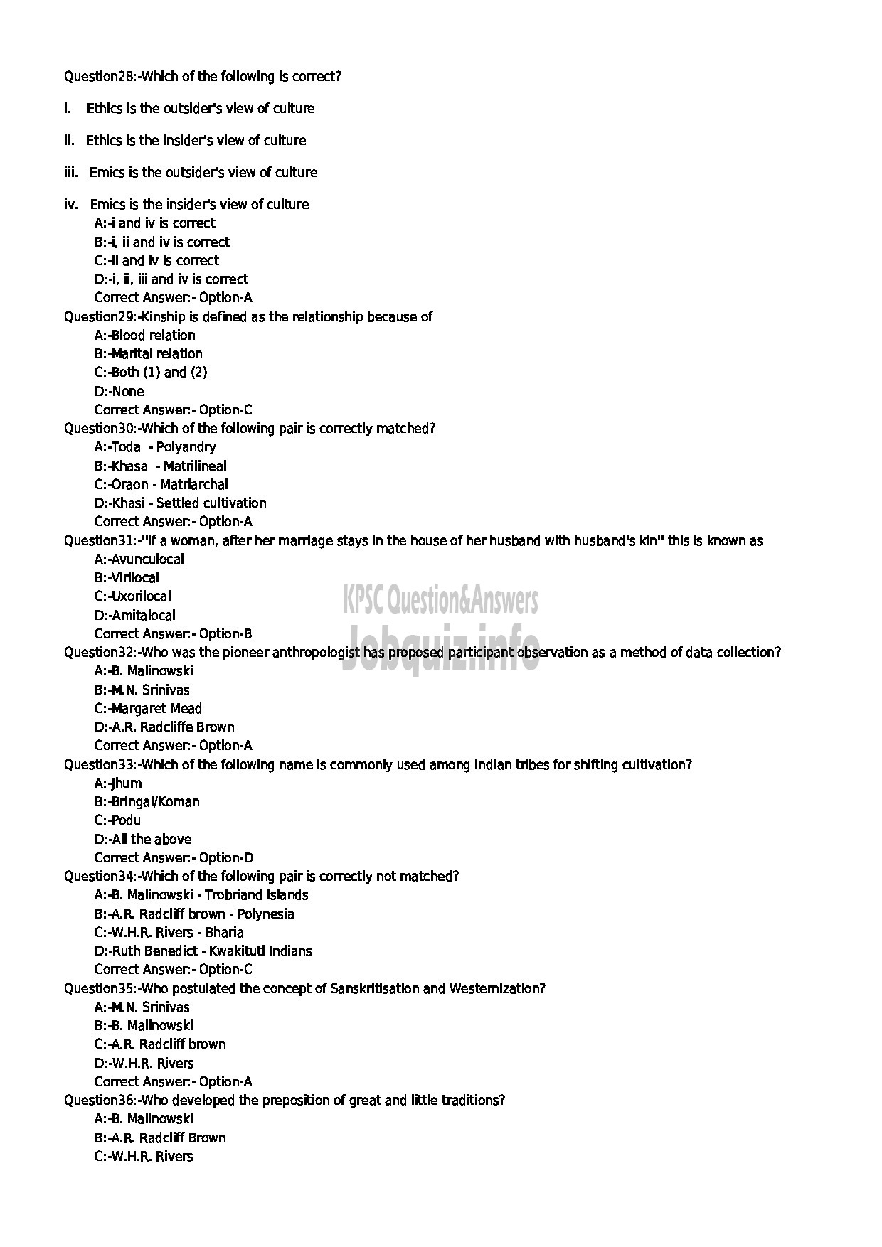 Kerala PSC Question Paper - INVERSTIGATOR ANTHROPOLOGY/SOCIOLOGY KIRTADS-4