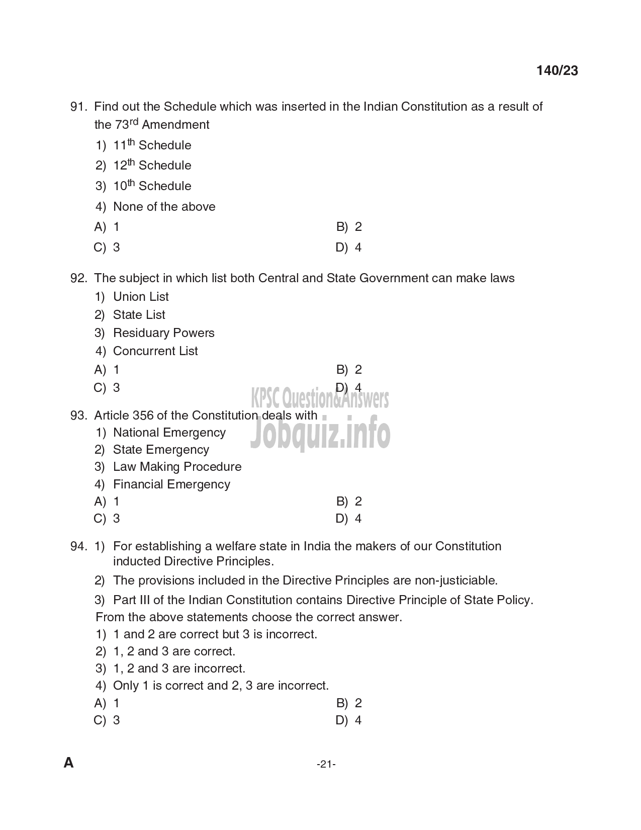 Kerala PSC Question Paper - INVESTIGATOR (ANTHROPOLOGY/SOCIOLOGY) (KIRTADS)-21