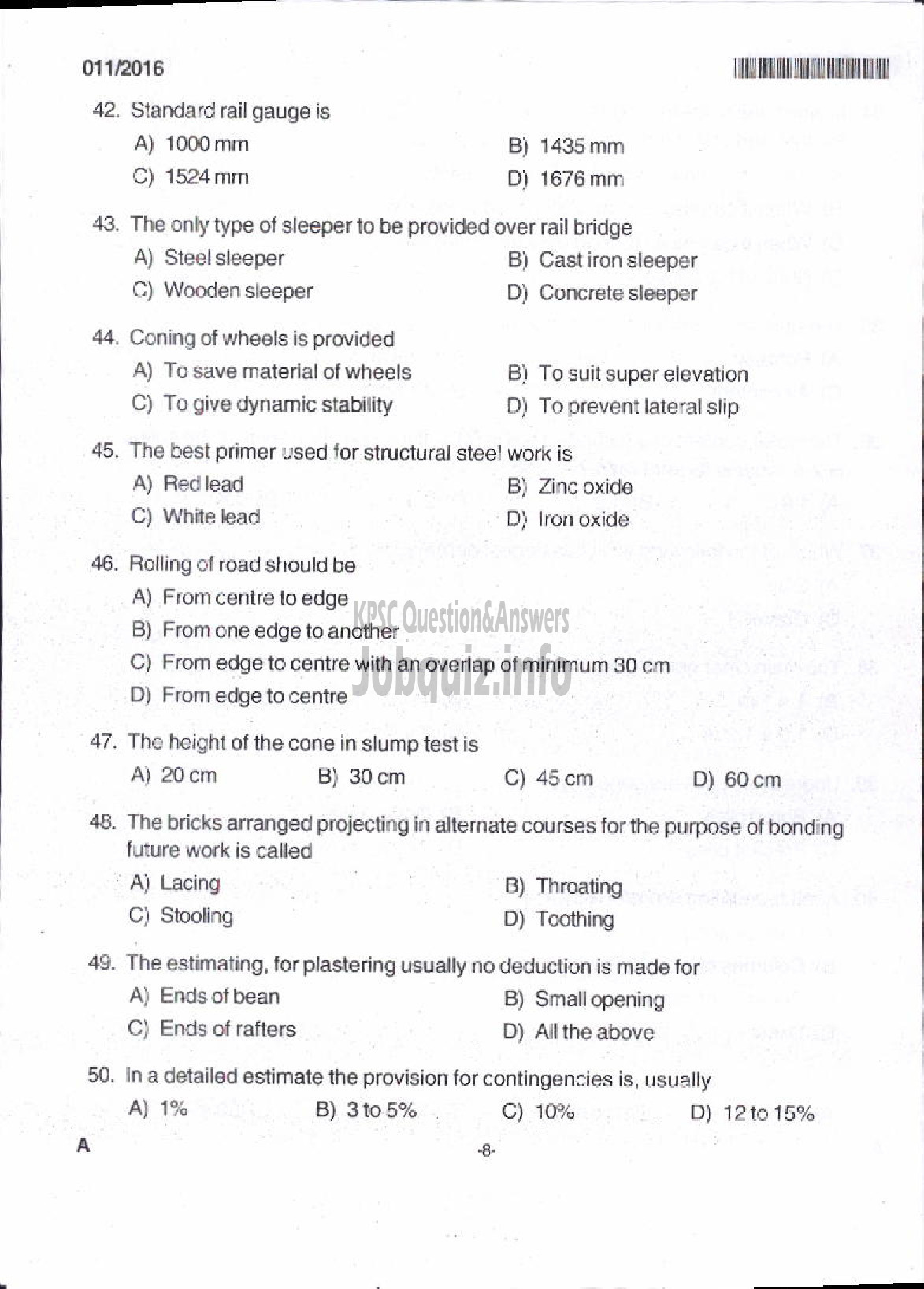 Kerala PSC Question Paper - I GRADE DRAFTSMAN / I GR OVERSEER CIVIL PUBLIC WORKS/IRRIGATION/ HARBOUR ENGINEERING /GROUND WATER-2