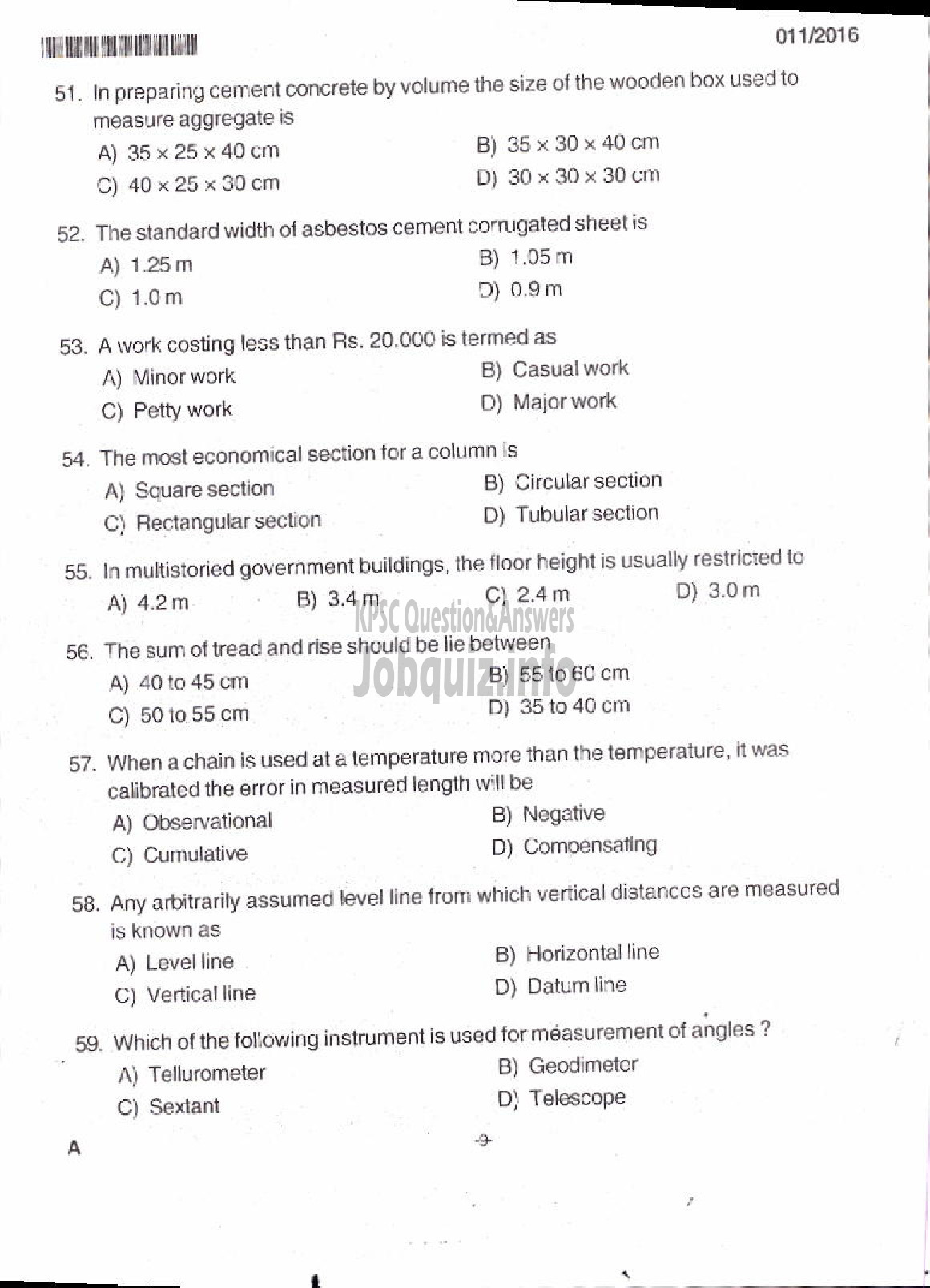 Kerala PSC Question Paper - I GRADE DRAFTSMAN / I GR OVERSEER CIVIL PUBLIC WORKS/IRRIGATION/ HARBOUR ENGINEERING /GROUND WATER-3