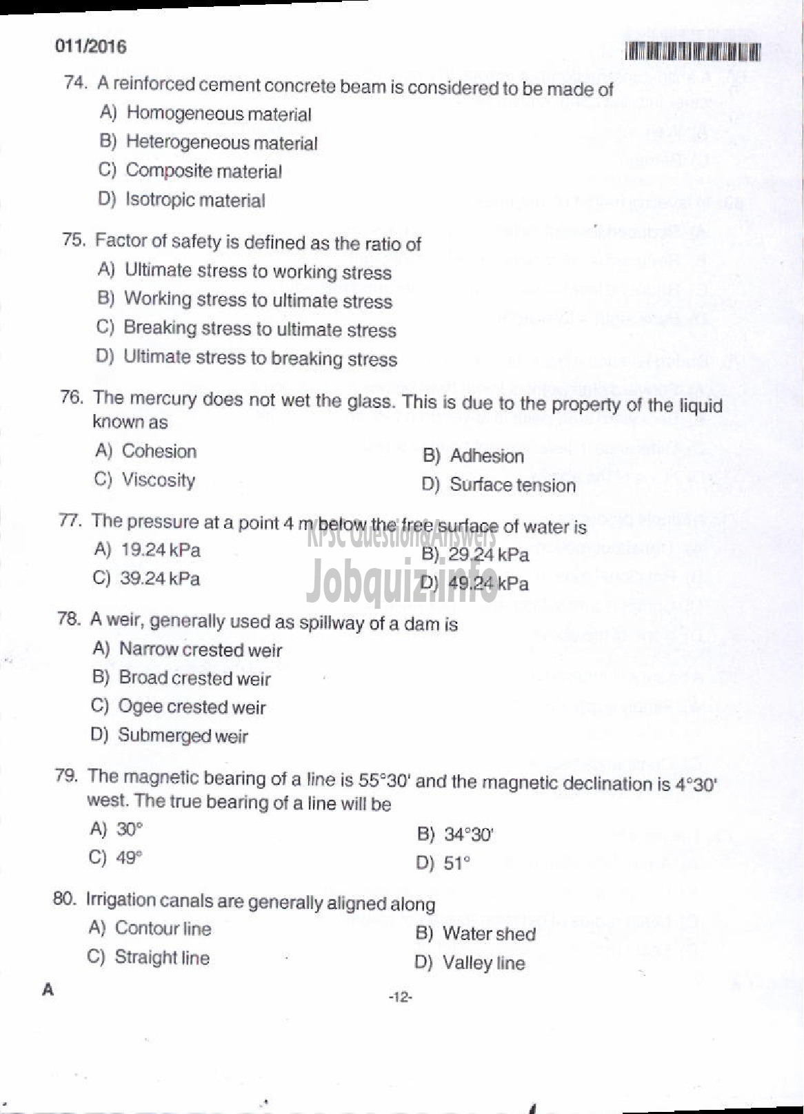 Kerala PSC Question Paper - I GRADE DRAFTSMAN / I GR OVERSEER CIVIL PUBLIC WORKS/IRRIGATION/ HARBOUR ENGINEERING /GROUND WATER-6