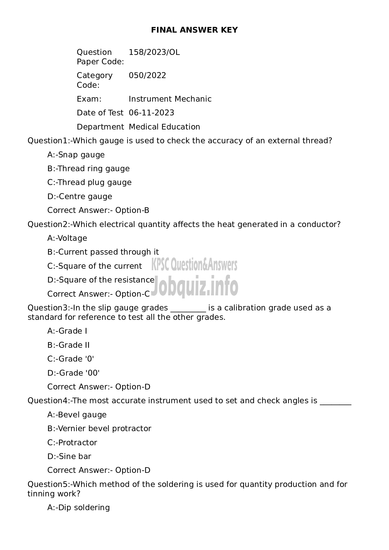 Kerala PSC Question Paper - Instrument Mechanic-1