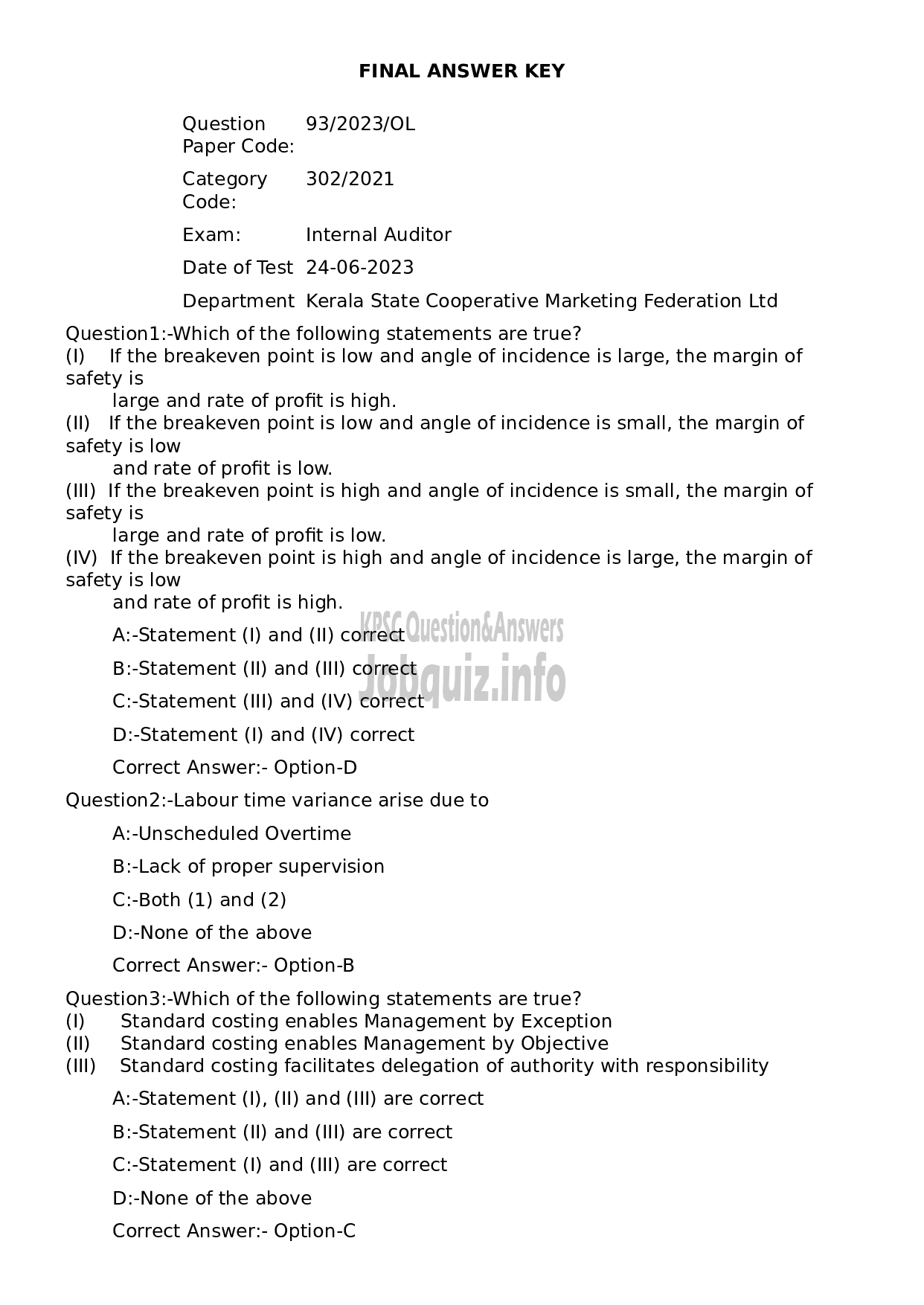 Kerala PSC Question Paper - Internal Auditor-1