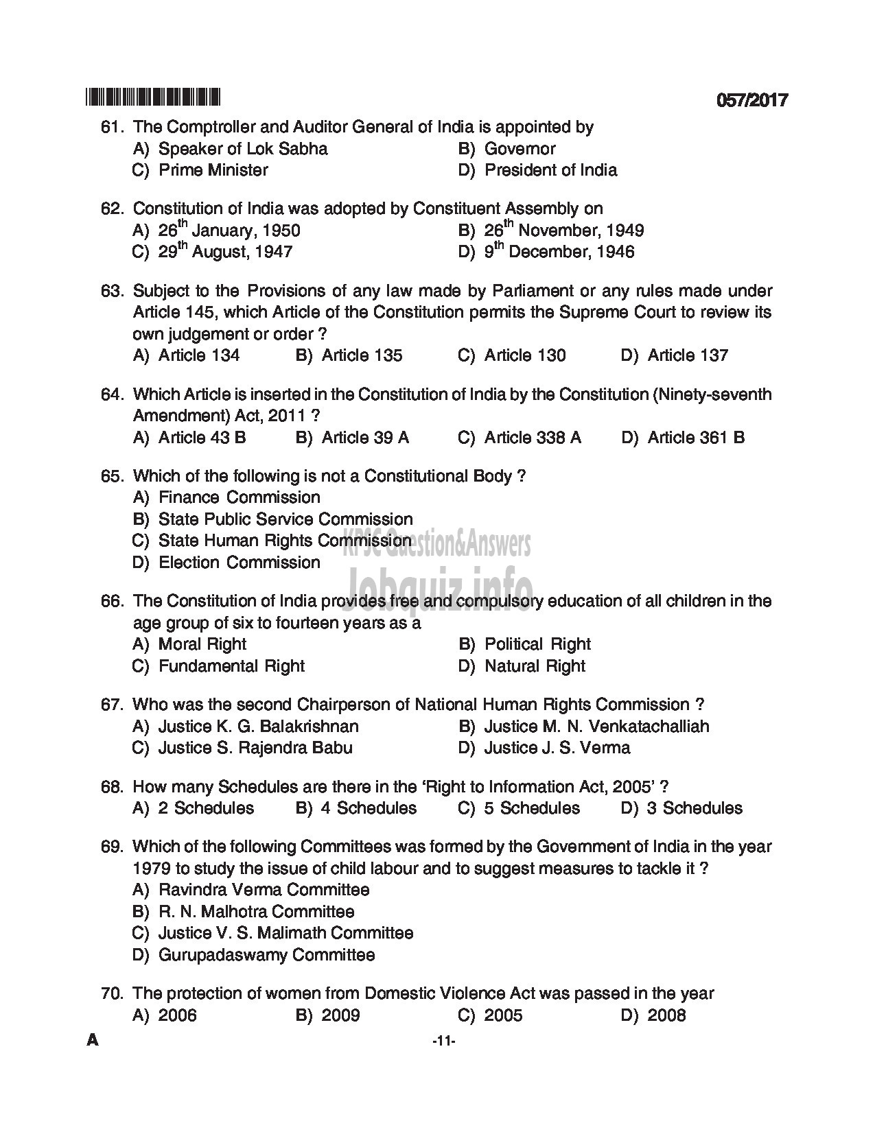 Kerala PSC Question Paper - JAILOR JUNIOR EMPLOYMENT OFFICER QUESTION PAPER-11