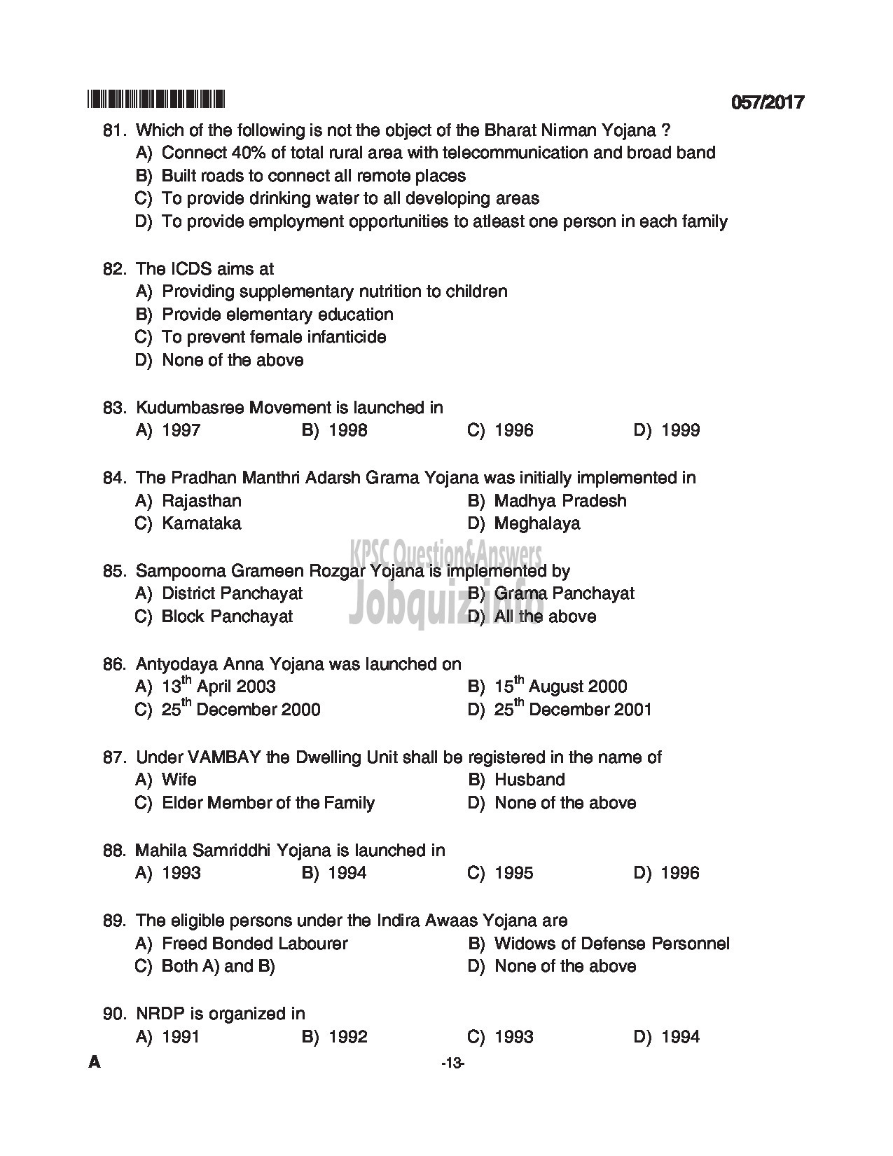 Kerala PSC Question Paper - JAILOR JUNIOR EMPLOYMENT OFFICER QUESTION PAPER-13