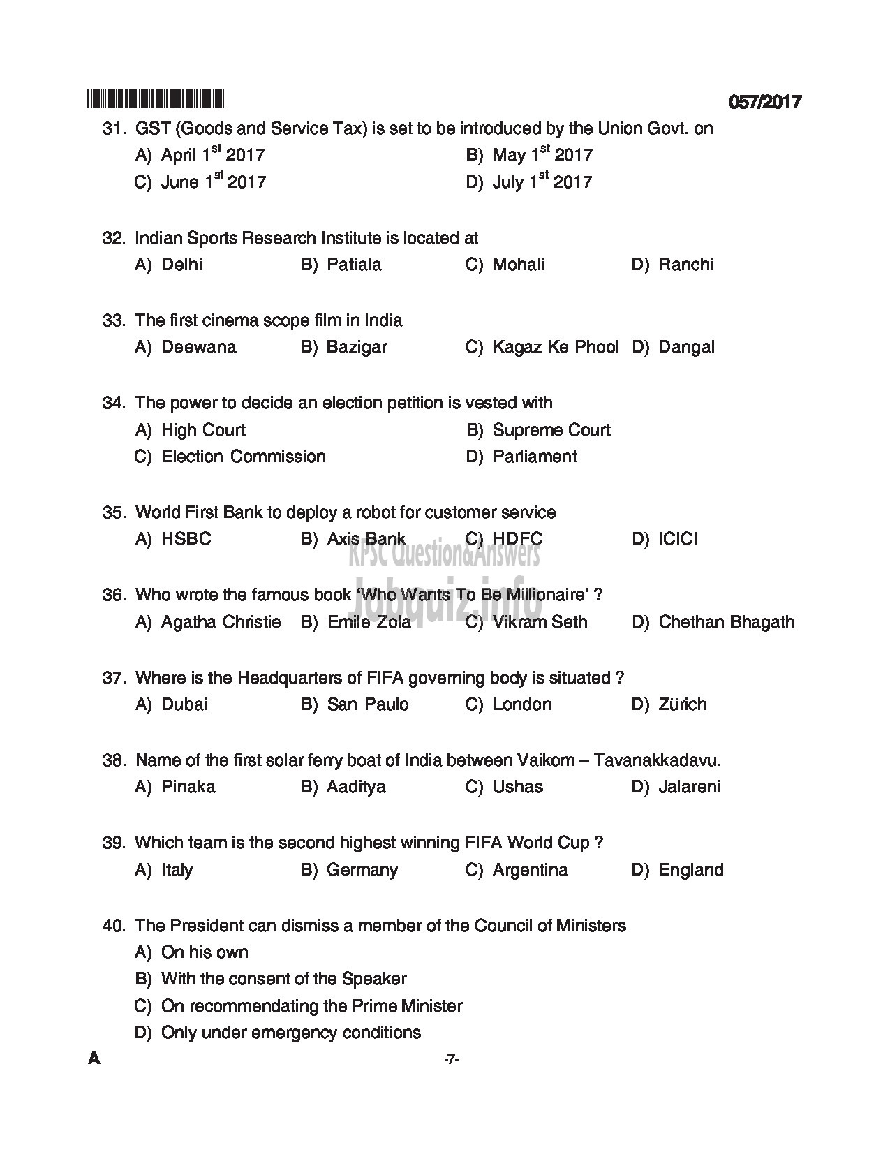 Kerala PSC Question Paper - JAILOR JUNIOR EMPLOYMENT OFFICER QUESTION PAPER-7