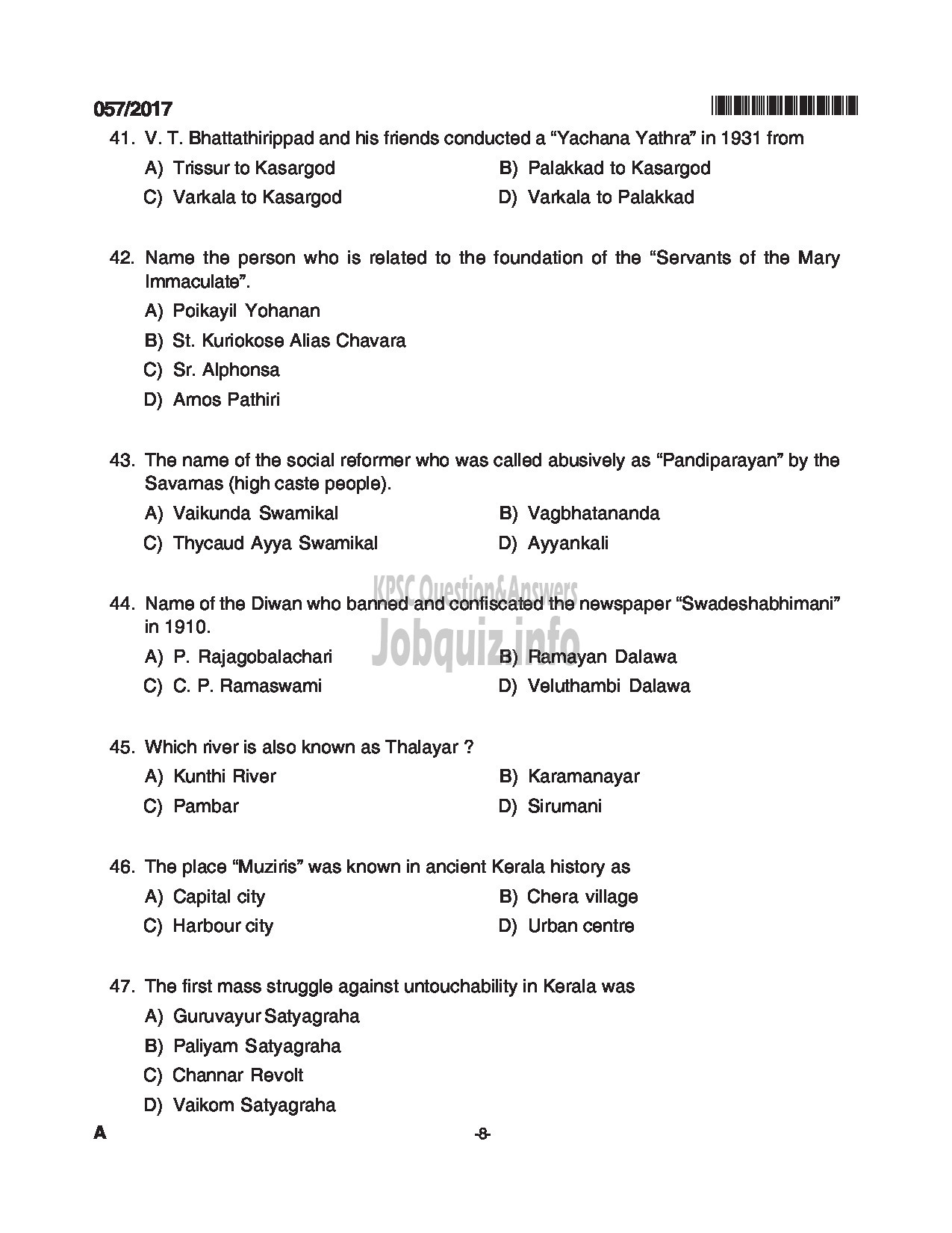 Kerala PSC Question Paper - JAILOR JUNIOR EMPLOYMENT OFFICER QUESTION PAPER-8