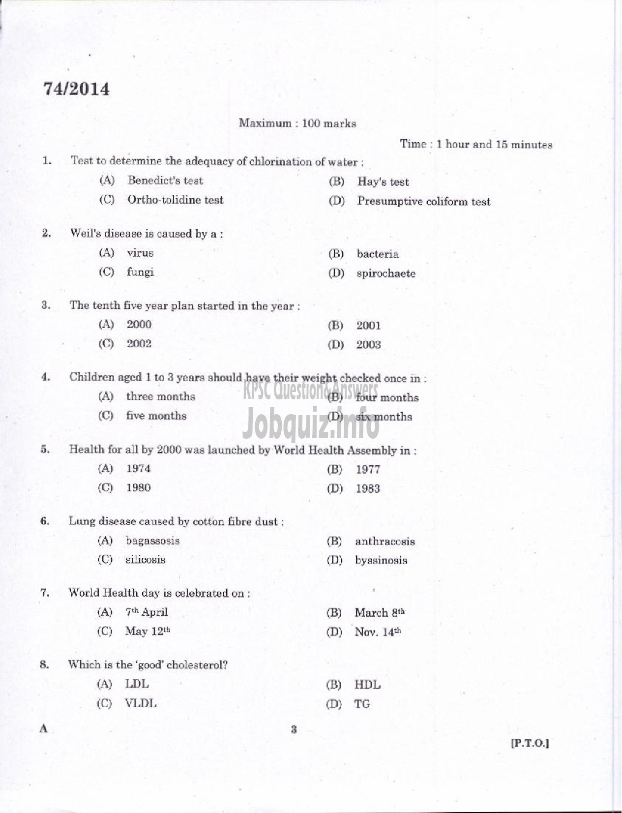 Kerala PSC Question Paper - JPHN GR II HEALTH SERVICE AND MCS ALL DIST-1