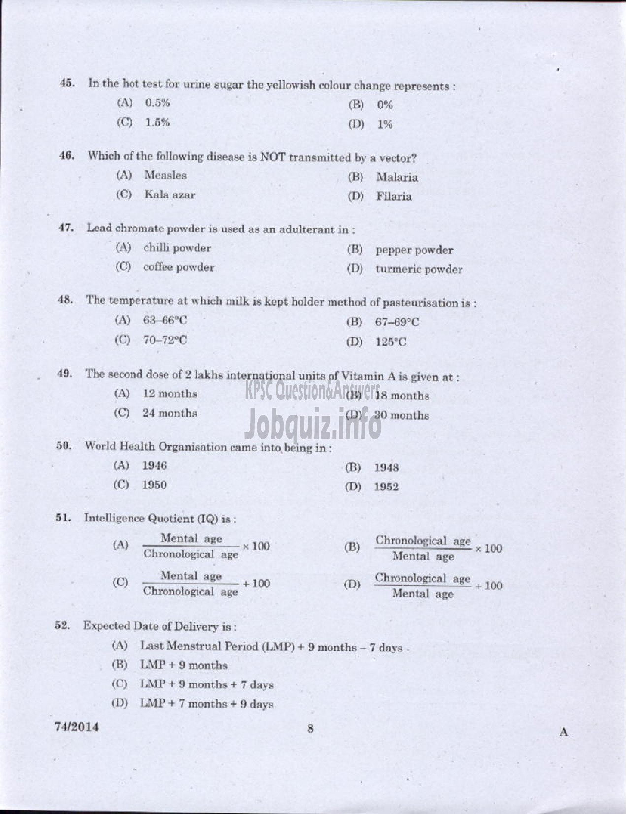 Kerala PSC Question Paper - JPHN GR II HEALTH SERVICE AND MCS ALL DIST-6