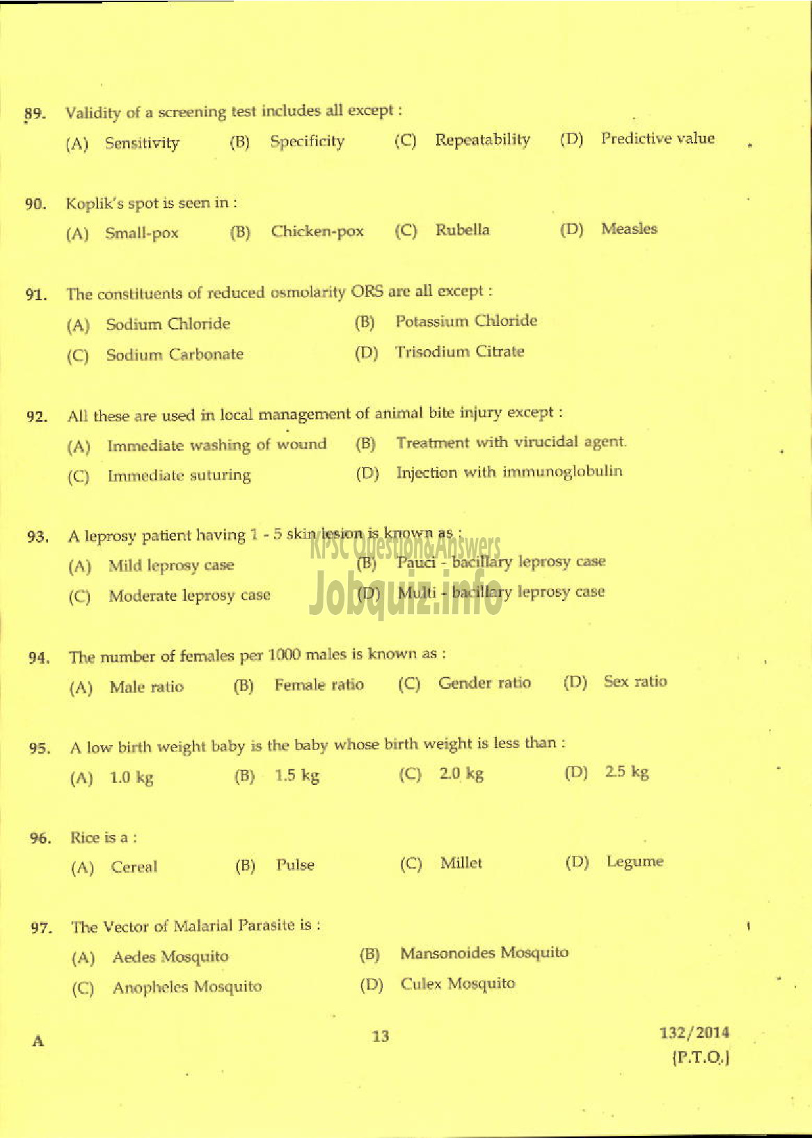 Kerala PSC Question Paper - JR HEALTH INSPECTOR GR II NCA SIUC / AI HEALTH SERVICE-11