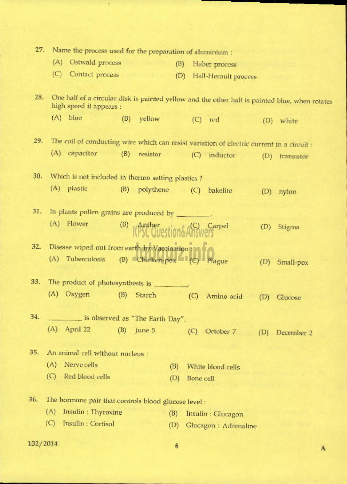 Kerala PSC Question Paper - JR HEALTH INSPECTOR GR II NCA SIUC / AI HEALTH SERVICE-4