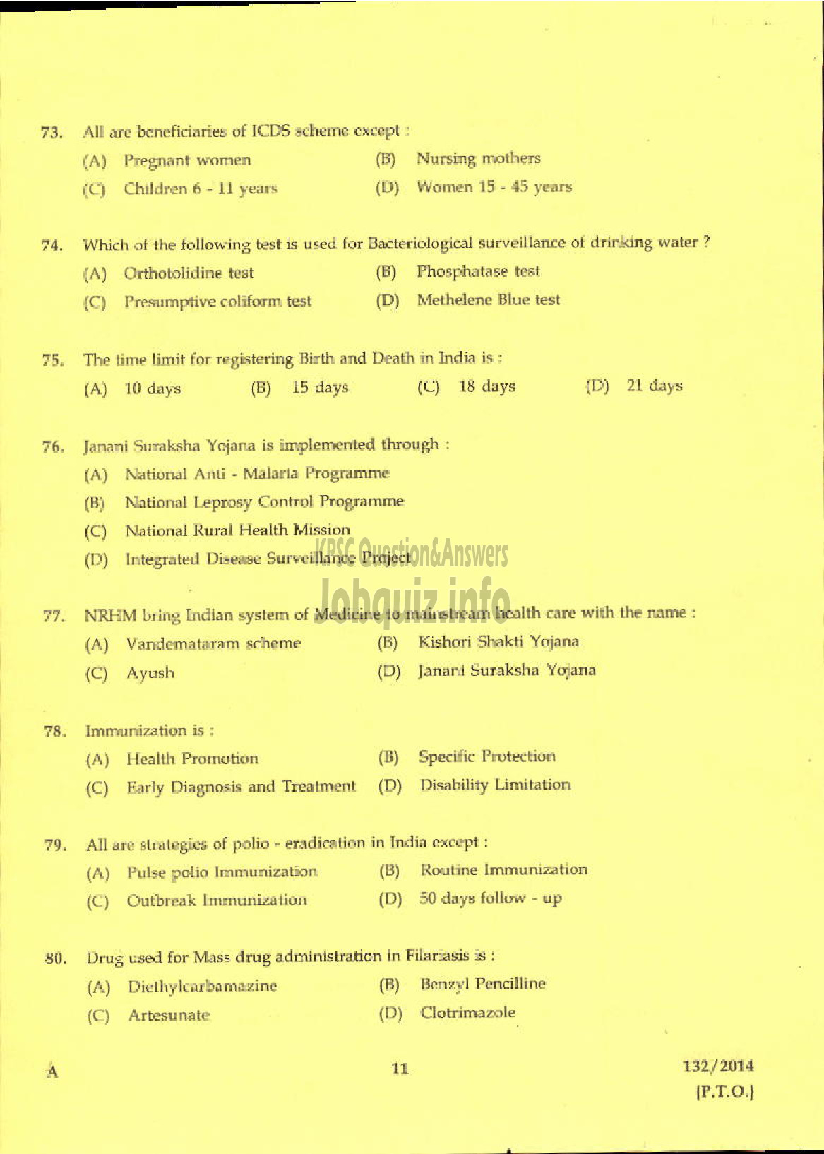 Kerala PSC Question Paper - JR HEALTH INSPECTOR GR II NCA SIUC / AI HEALTH SERVICE-9