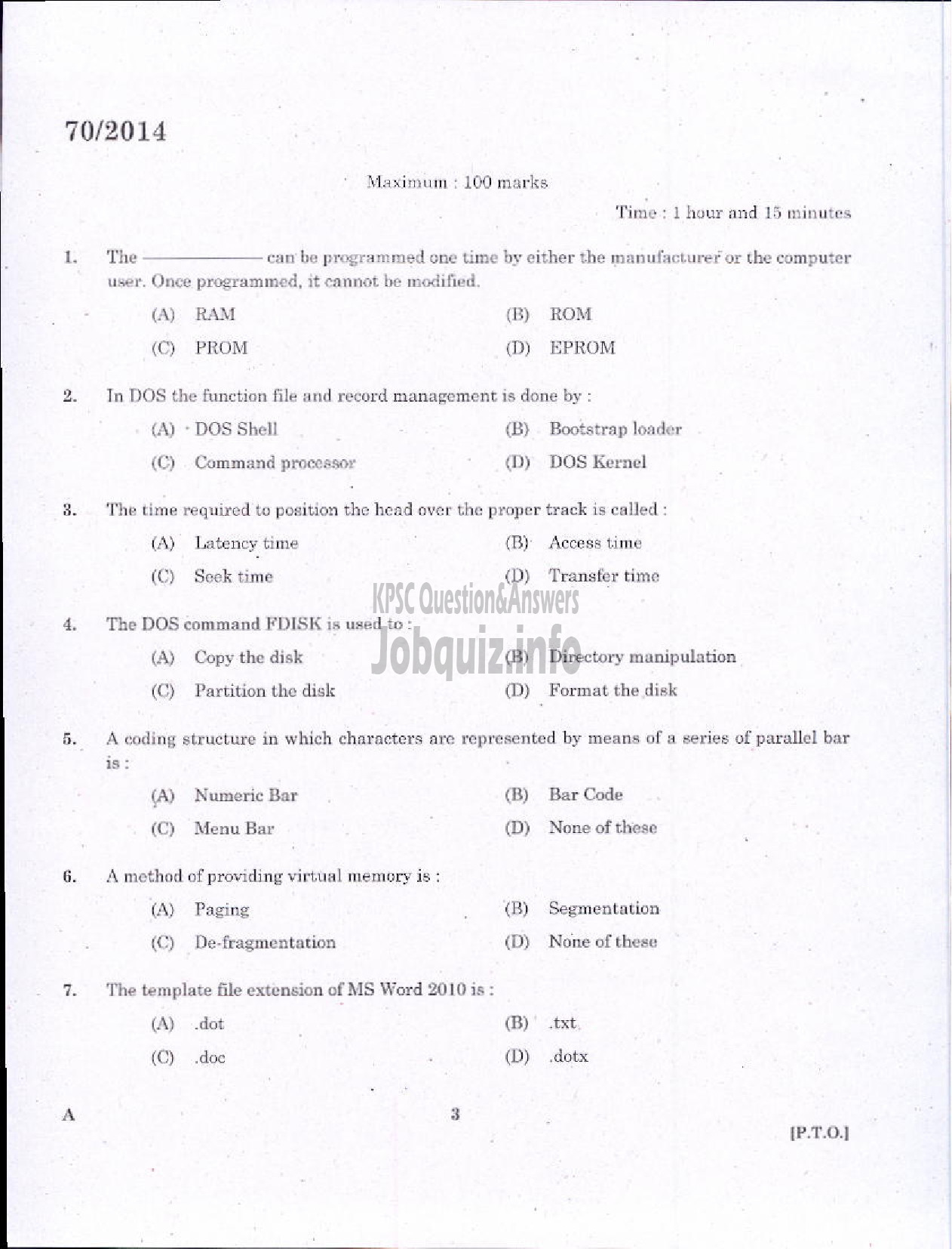 Kerala PSC Question Paper - JR INSTRUCTOR DATA ENTRY OPERATOR INDUSTRIAL TRAINING-1