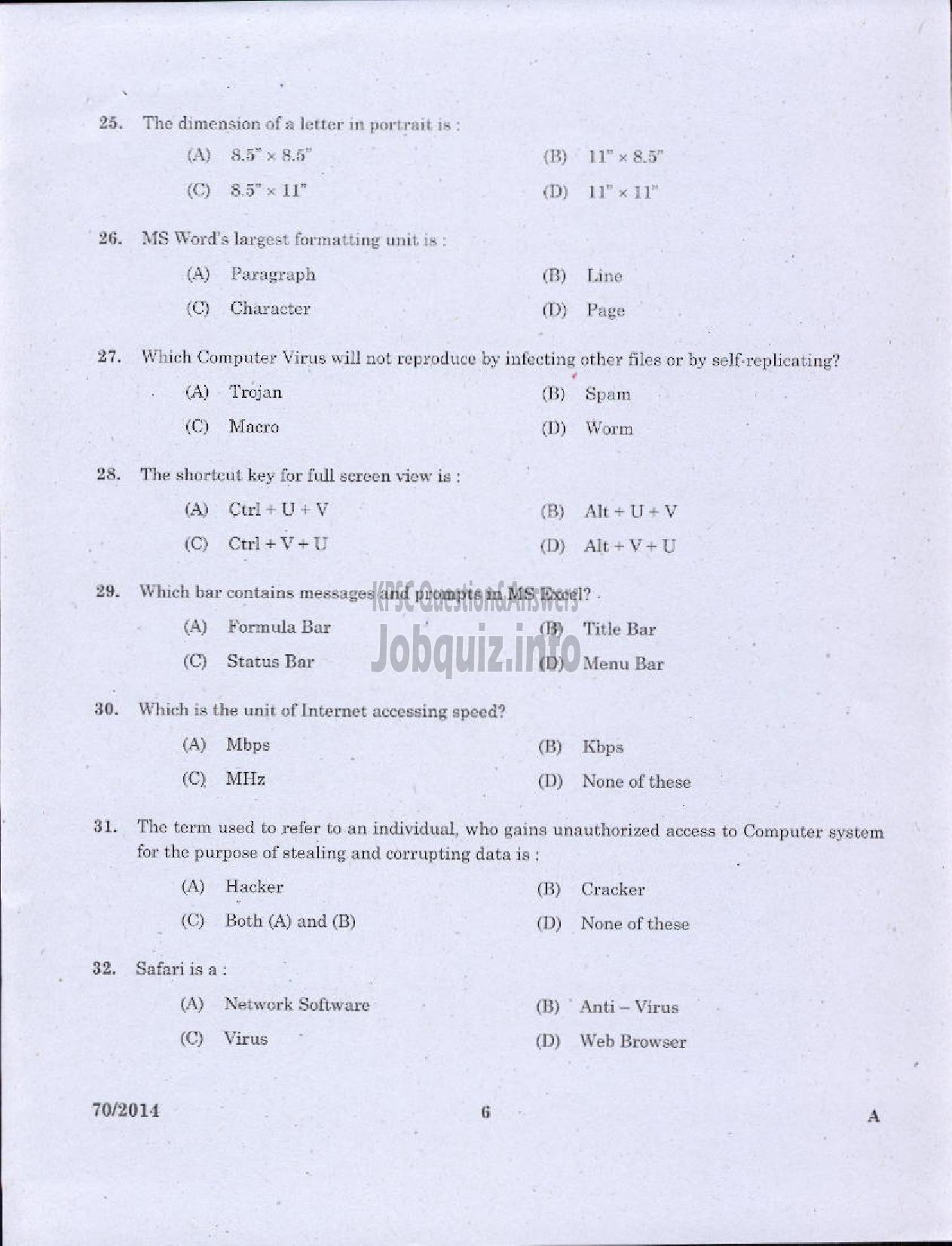 Kerala PSC Question Paper - JR INSTRUCTOR DATA ENTRY OPERATOR INDUSTRIAL TRAINING-4