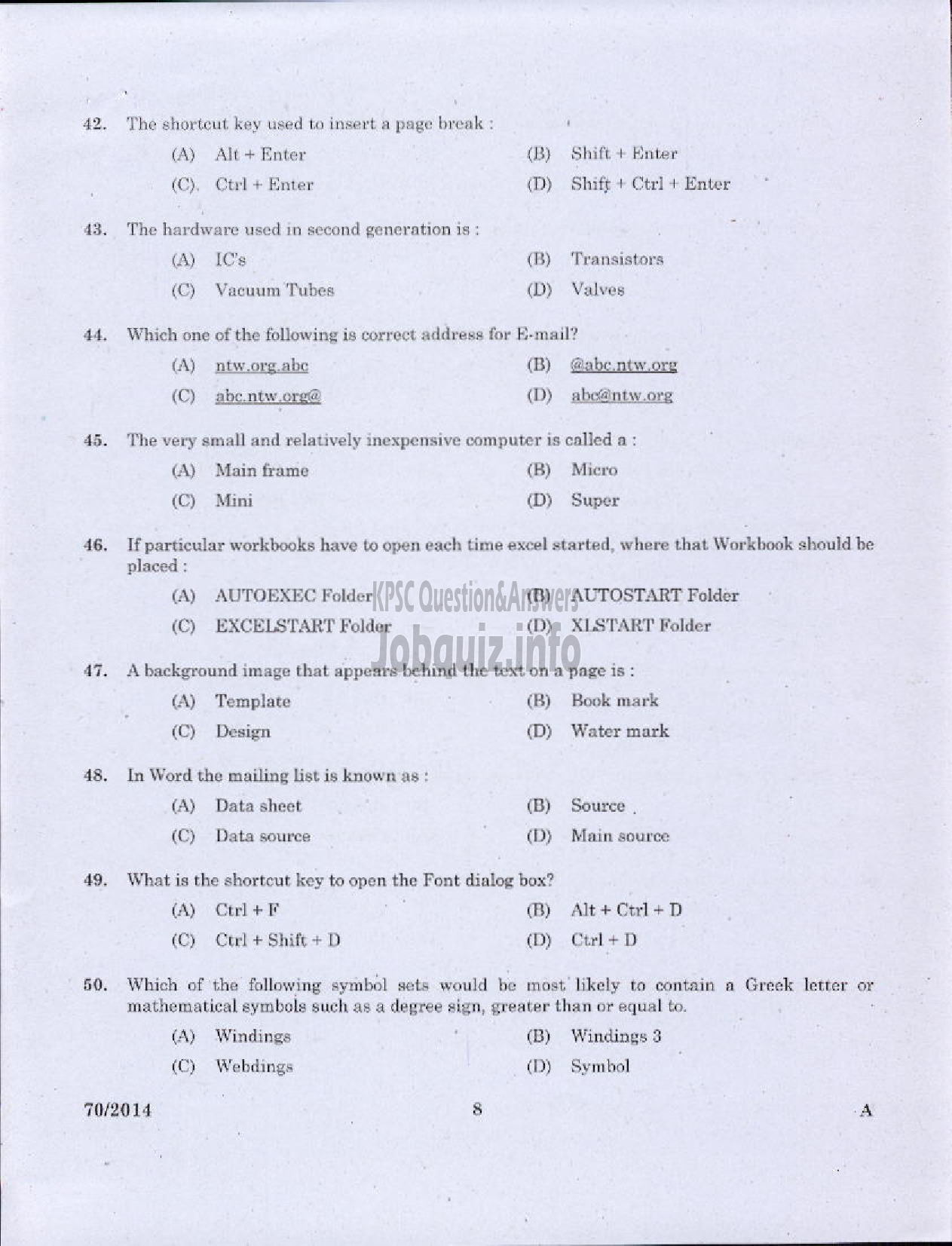 Kerala PSC Question Paper - JR INSTRUCTOR DATA ENTRY OPERATOR INDUSTRIAL TRAINING-6