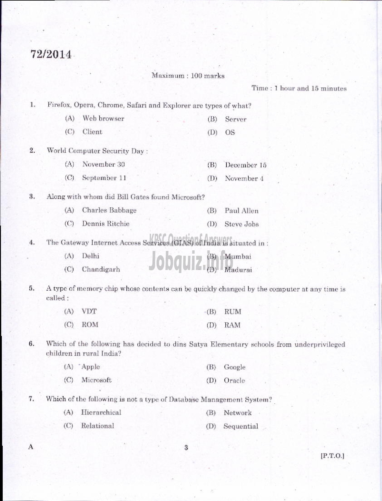 Kerala PSC Question Paper - JR INSTRUCTOR INFORMATION TECHNOLOGY INDUSTRIAL TRAINING-1