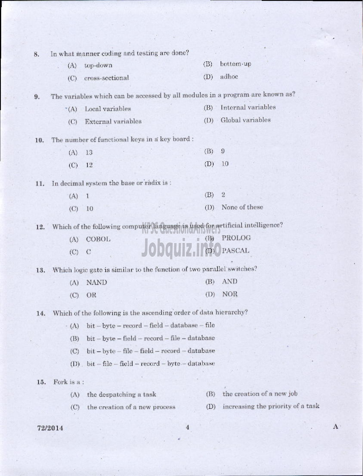 Kerala PSC Question Paper - JR INSTRUCTOR INFORMATION TECHNOLOGY INDUSTRIAL TRAINING-2