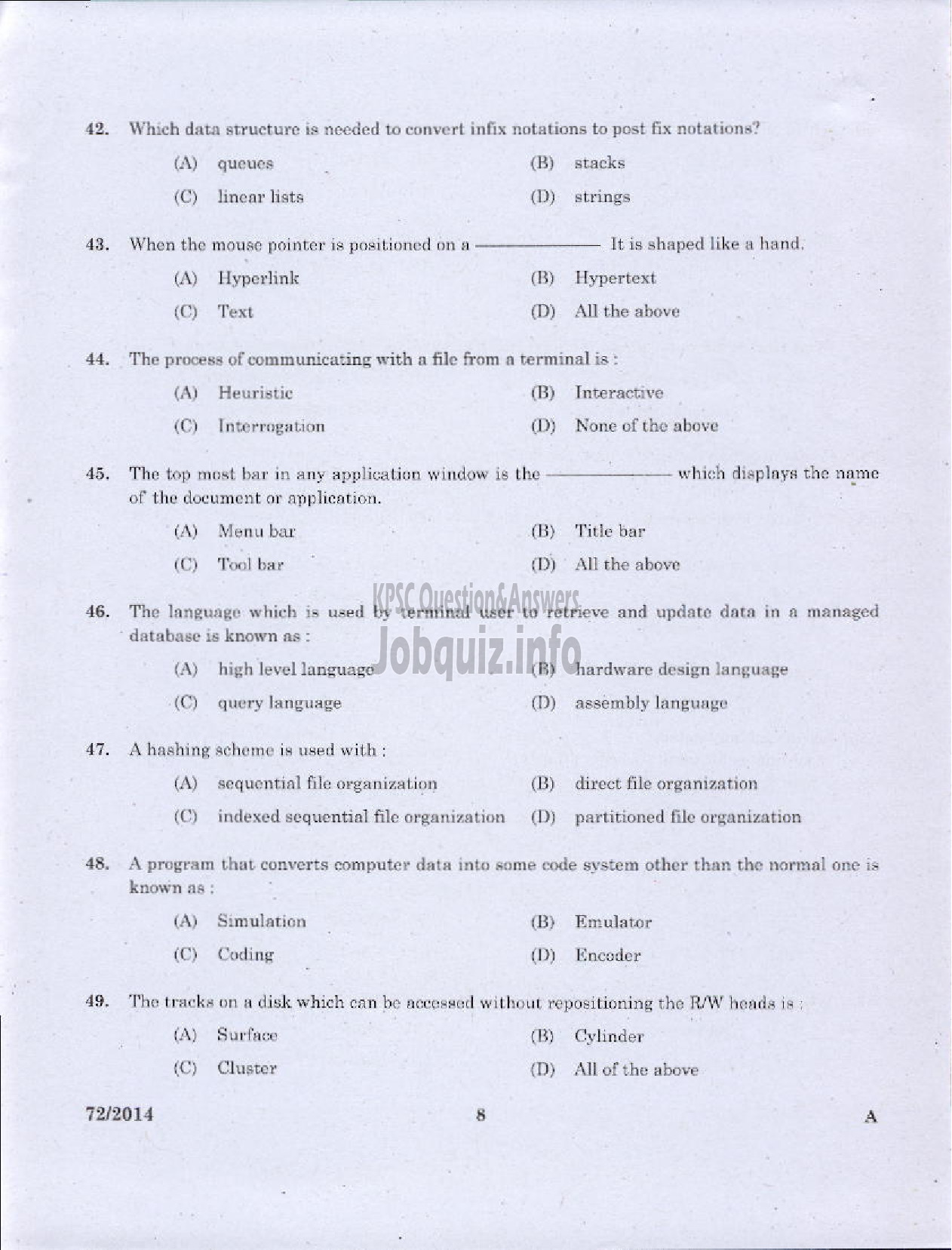 Kerala PSC Question Paper - JR INSTRUCTOR INFORMATION TECHNOLOGY INDUSTRIAL TRAINING-6