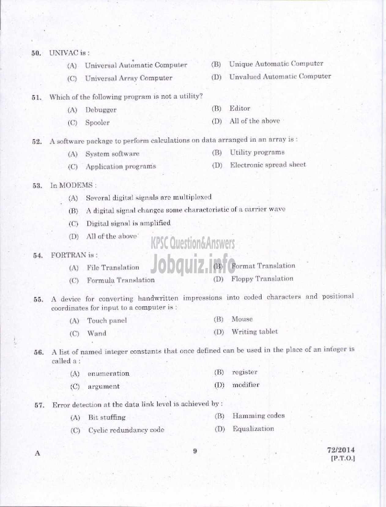 Kerala PSC Question Paper - JR INSTRUCTOR INFORMATION TECHNOLOGY INDUSTRIAL TRAINING-7