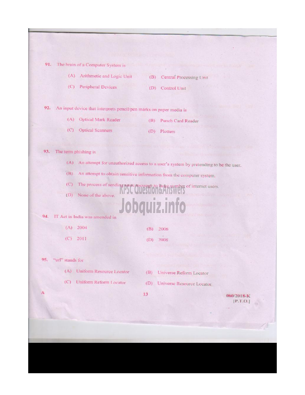 Kerala PSC Question Paper - JUNIOR ASSISTANT / CASHIER / ASSISTANT GRADE II / CLERK GR I KSFE LTD / KSEB LTD / KSRTC / FOAM MATTINGS ETC ENGLISH / KANNADA -12