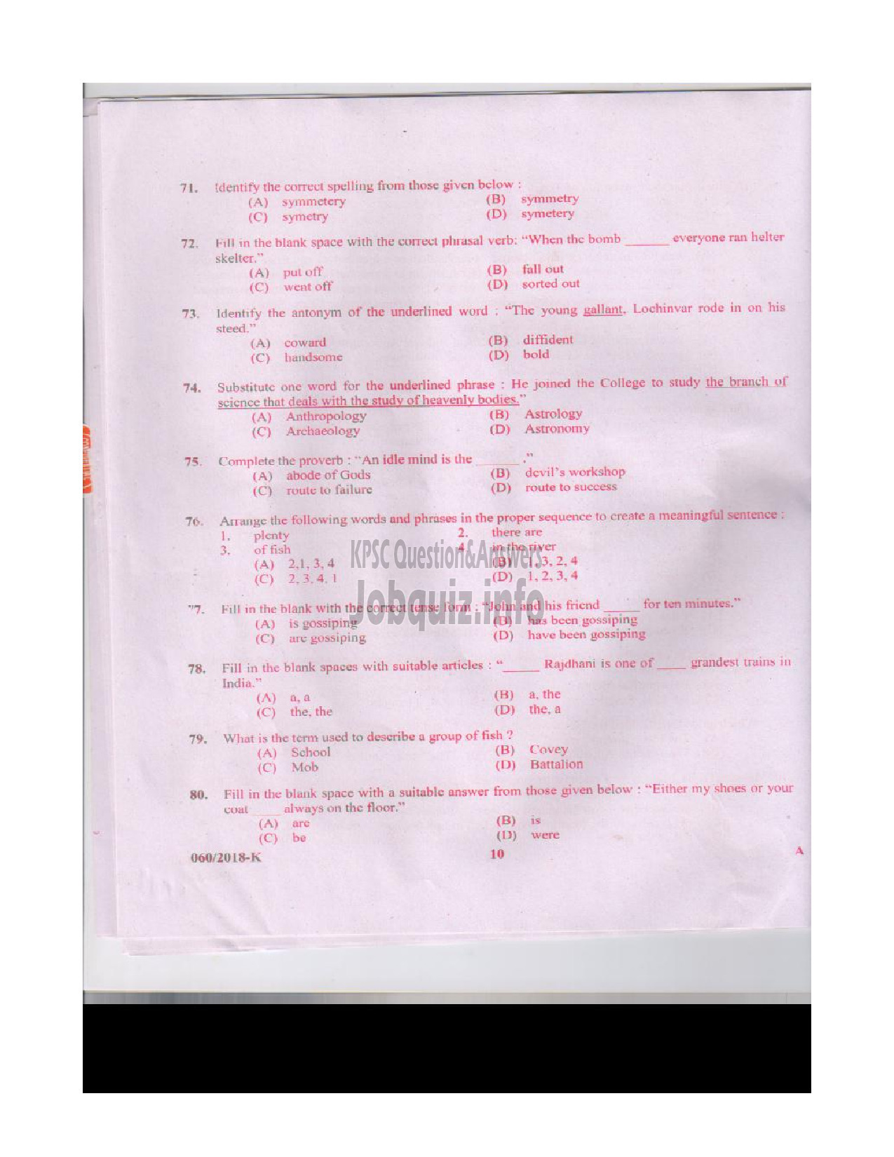 Kerala PSC Question Paper - JUNIOR ASSISTANT / CASHIER / ASSISTANT GRADE II / CLERK GR I KSFE LTD / KSEB LTD / KSRTC / FOAM MATTINGS ETC ENGLISH / KANNADA -9