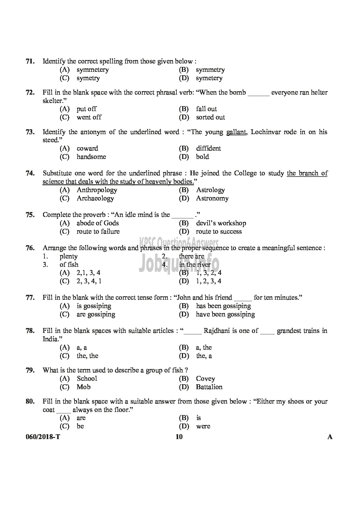 Kerala PSC Question Paper - JUNIOR ASSISTANT / CASHIER / ASSISTANT GRADE II / CLERK GR I KSFE LTD / KSEB LTD / KSRTC / FOAM MATTINGS ETC ENGLISH / TAMIL -10
