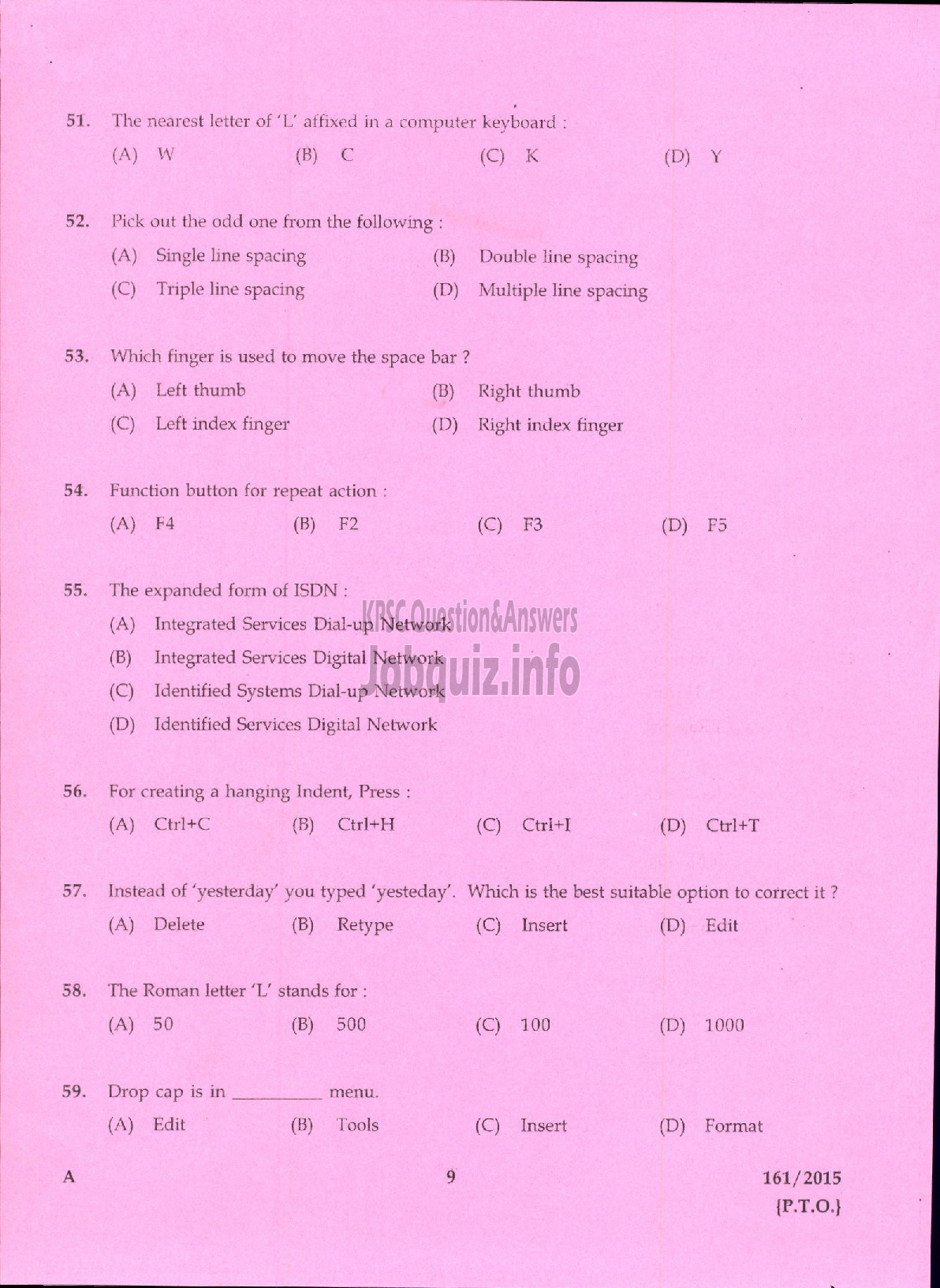 Kerala PSC Question Paper - JUNIOR ASST CUM TYPIST KLDB LTD/ STENOGRAPHER GR IV AUTOCAST LTD/ STENOGRAPHER THE PHARMACEUTICAL CORPORATION IM KERALA LTD-7