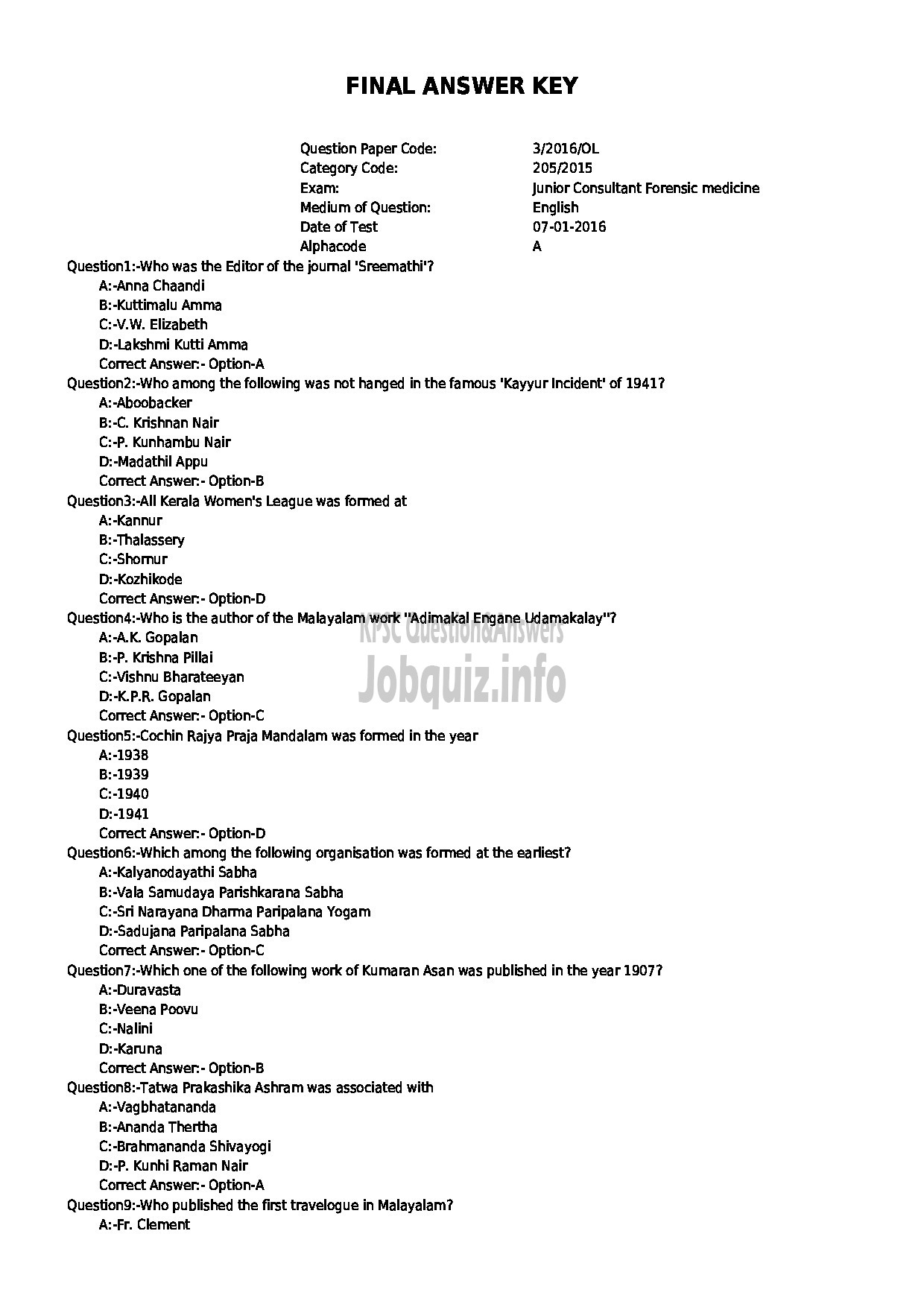 Kerala PSC Question Paper - JUNIOR CONSULTANT FORENSIC MEDICINE HEALTH SERVICES-1