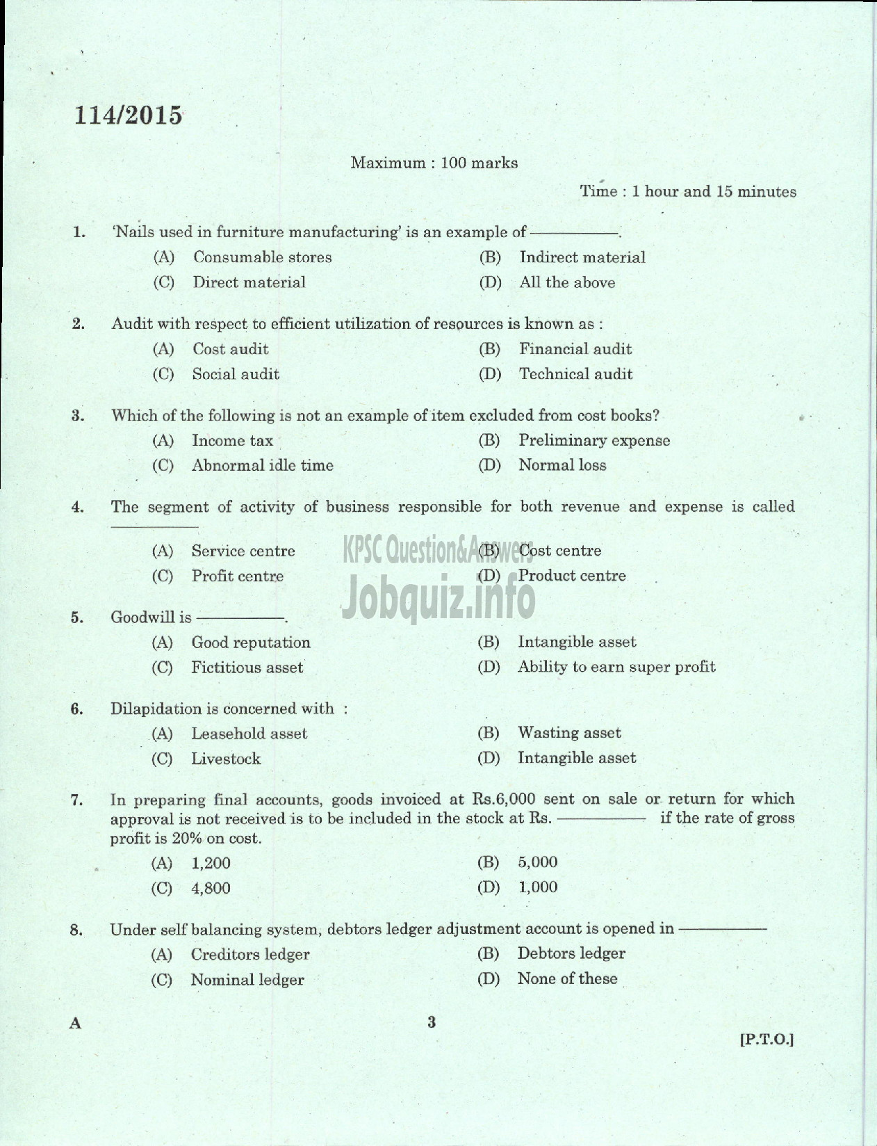 Kerala PSC Question Paper - JUNIOR COSTING ASST KM AND ML TITANIUM DIOXIDE PIGMENT UNIT-1